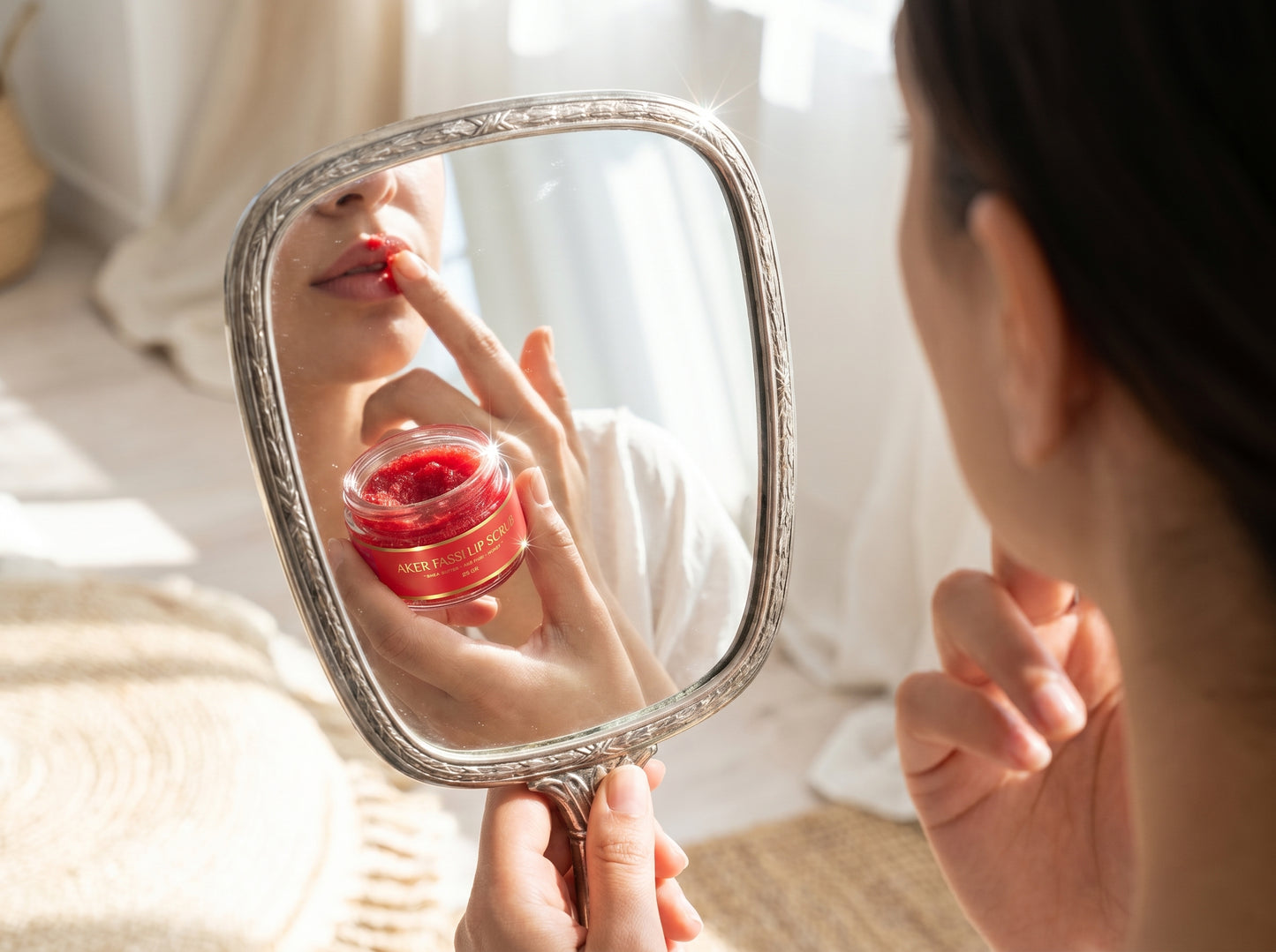 Person applying lip balm in front of a vintage-style mirror.