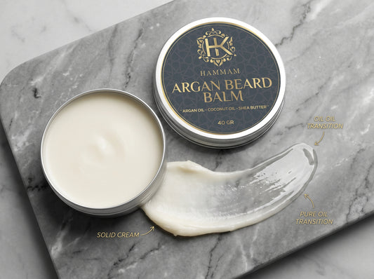 Hammam Argan Beard Balm with open lid on a marble surface