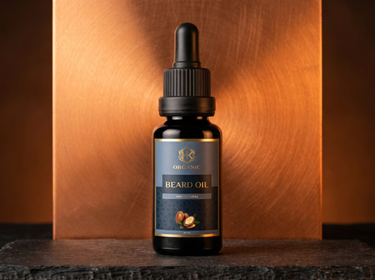 Bottle of beard oil with a dropper on a wooden surface
