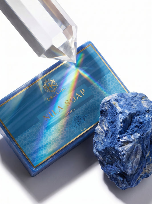 Nila Soap bar with a crystal and blue rock on a white background