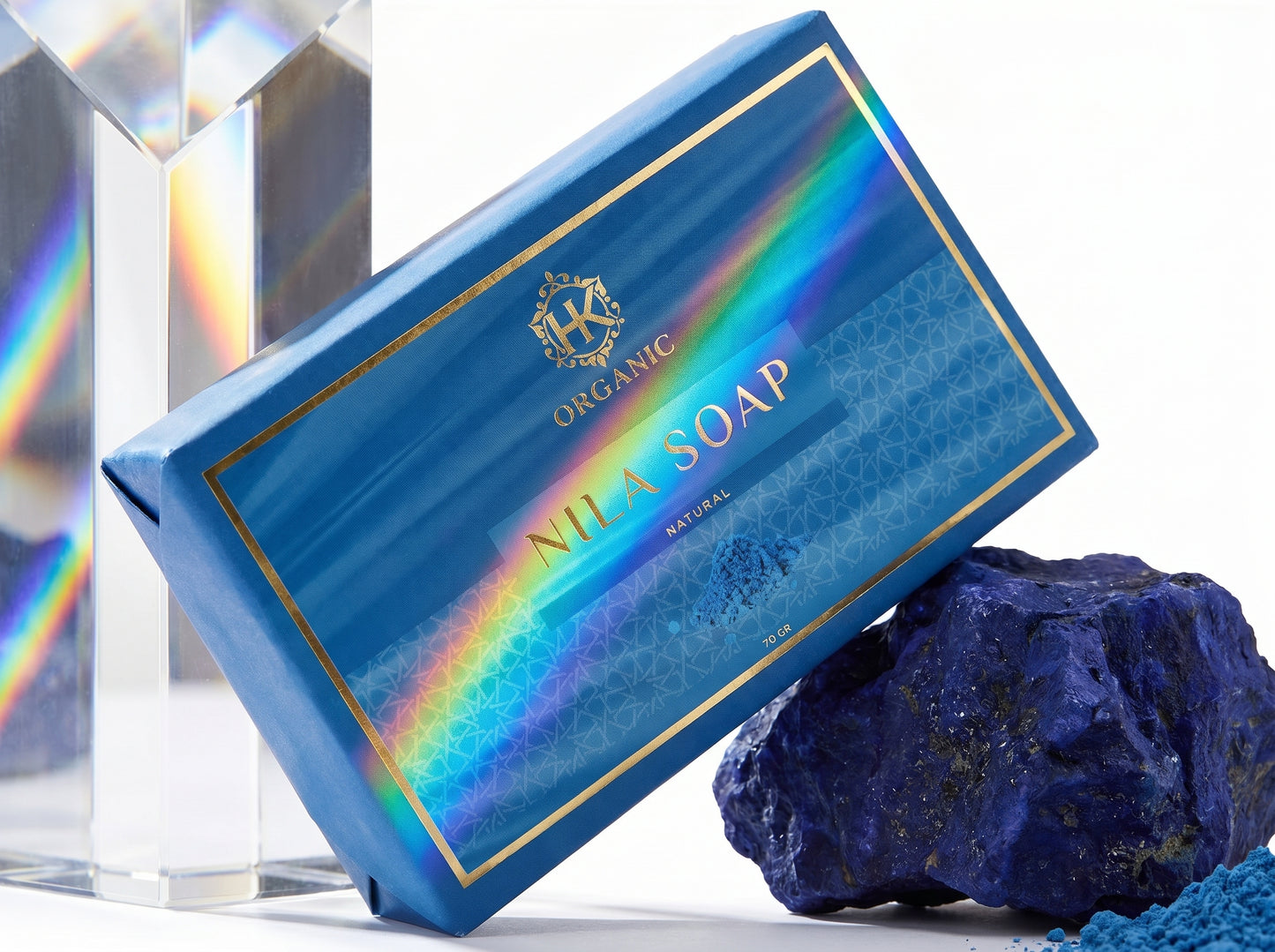 Blue soap packaging with rainbow effect and 'Vila Soap' branding on a white background.