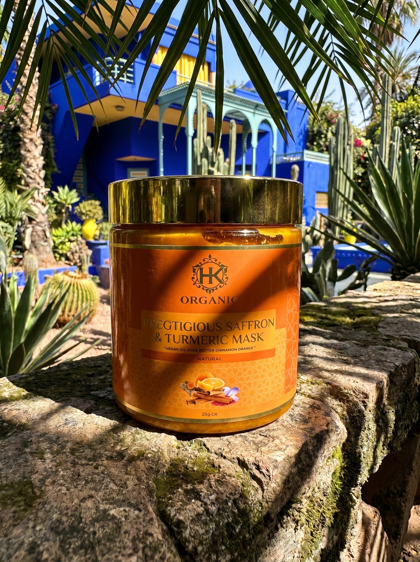 Jar of organic mask with a scenic background