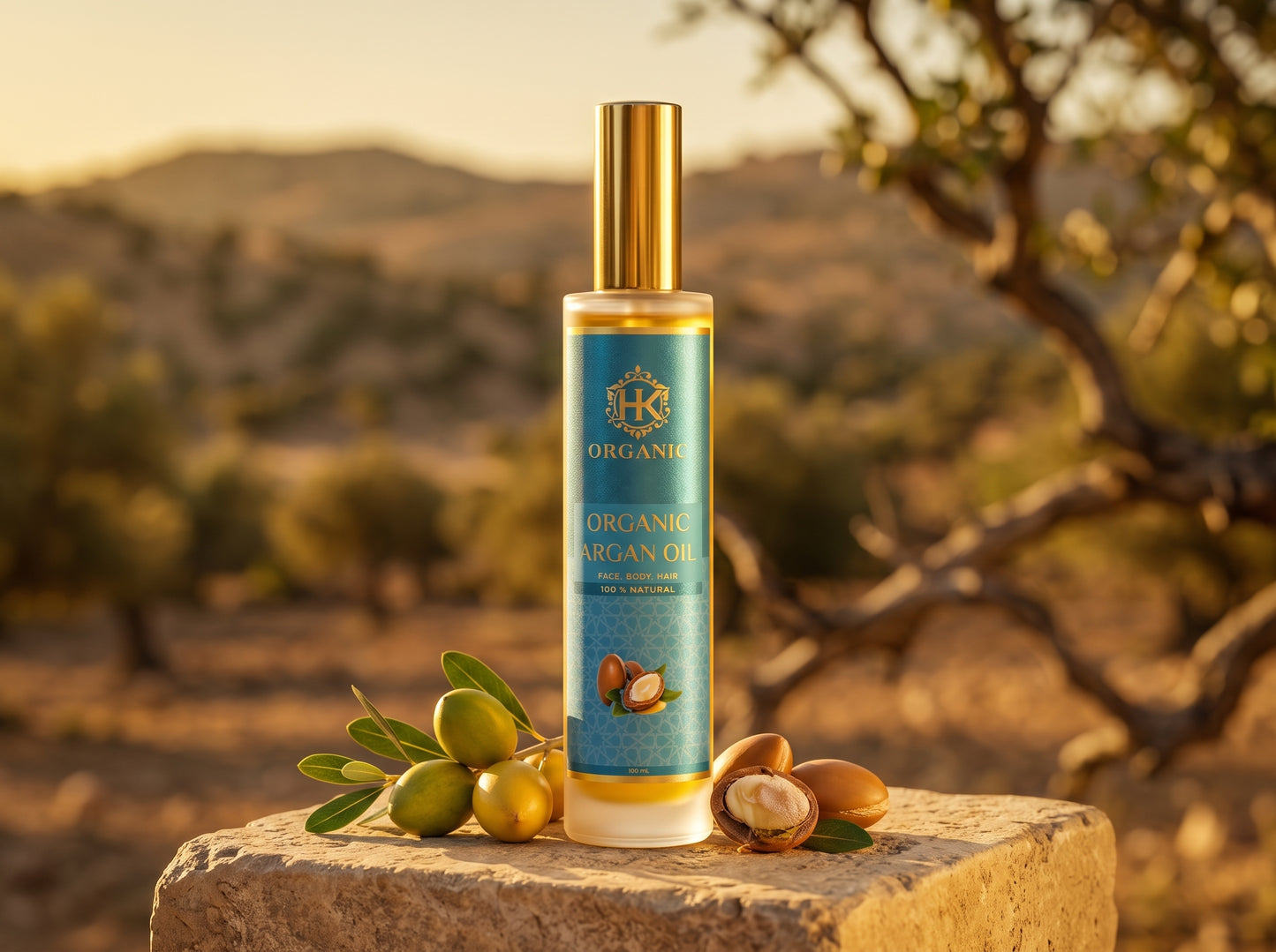 A bottle of Organie Argan Oil stands on a stone surface outdoors, surrounded by green olives, leaves, and argan nuts. The background shows a blurred natural landscape with trees and hills under warm golden light.