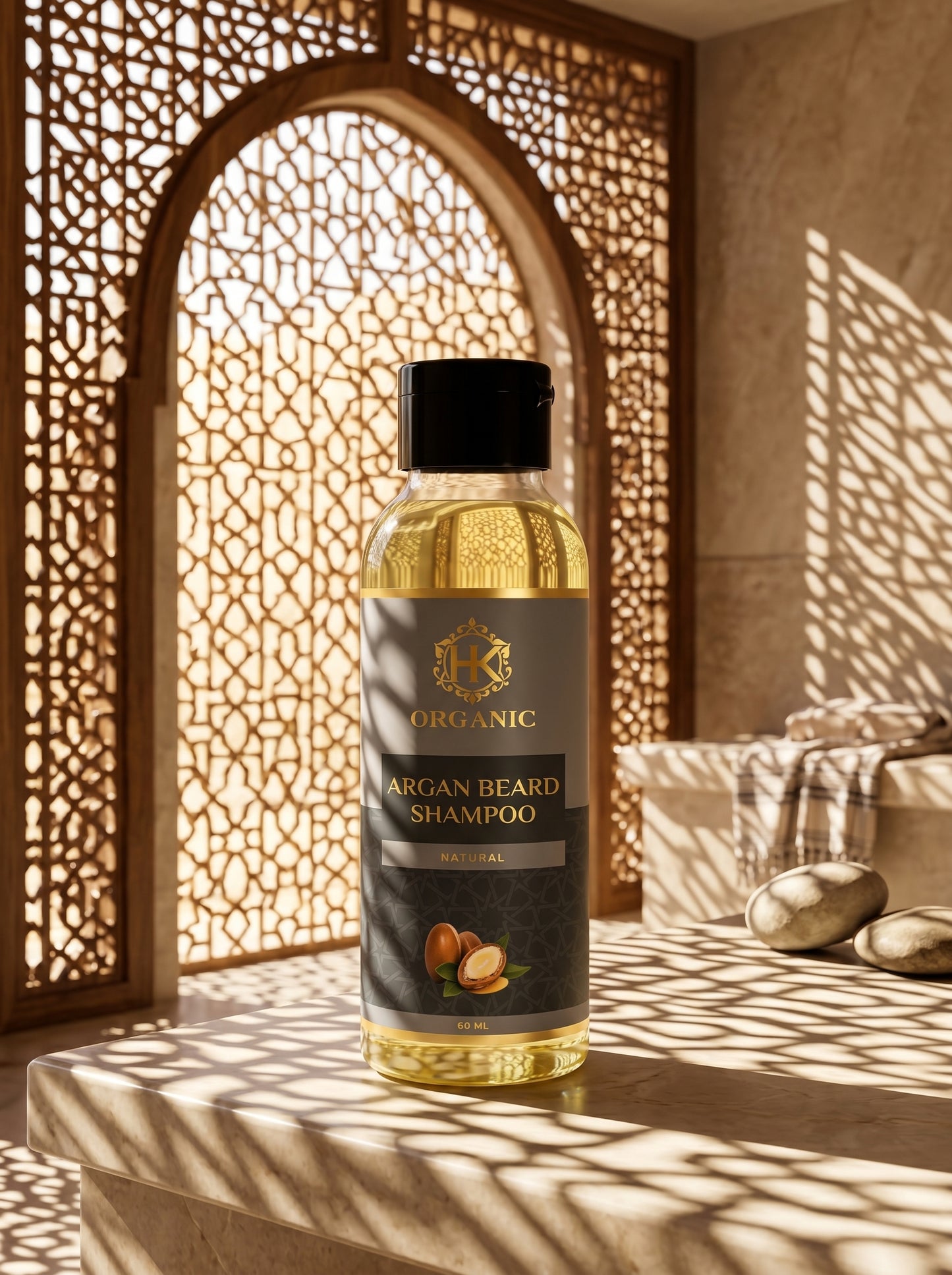 Bottle of Organic Argan Beard Shampoo on a surface with decorative background