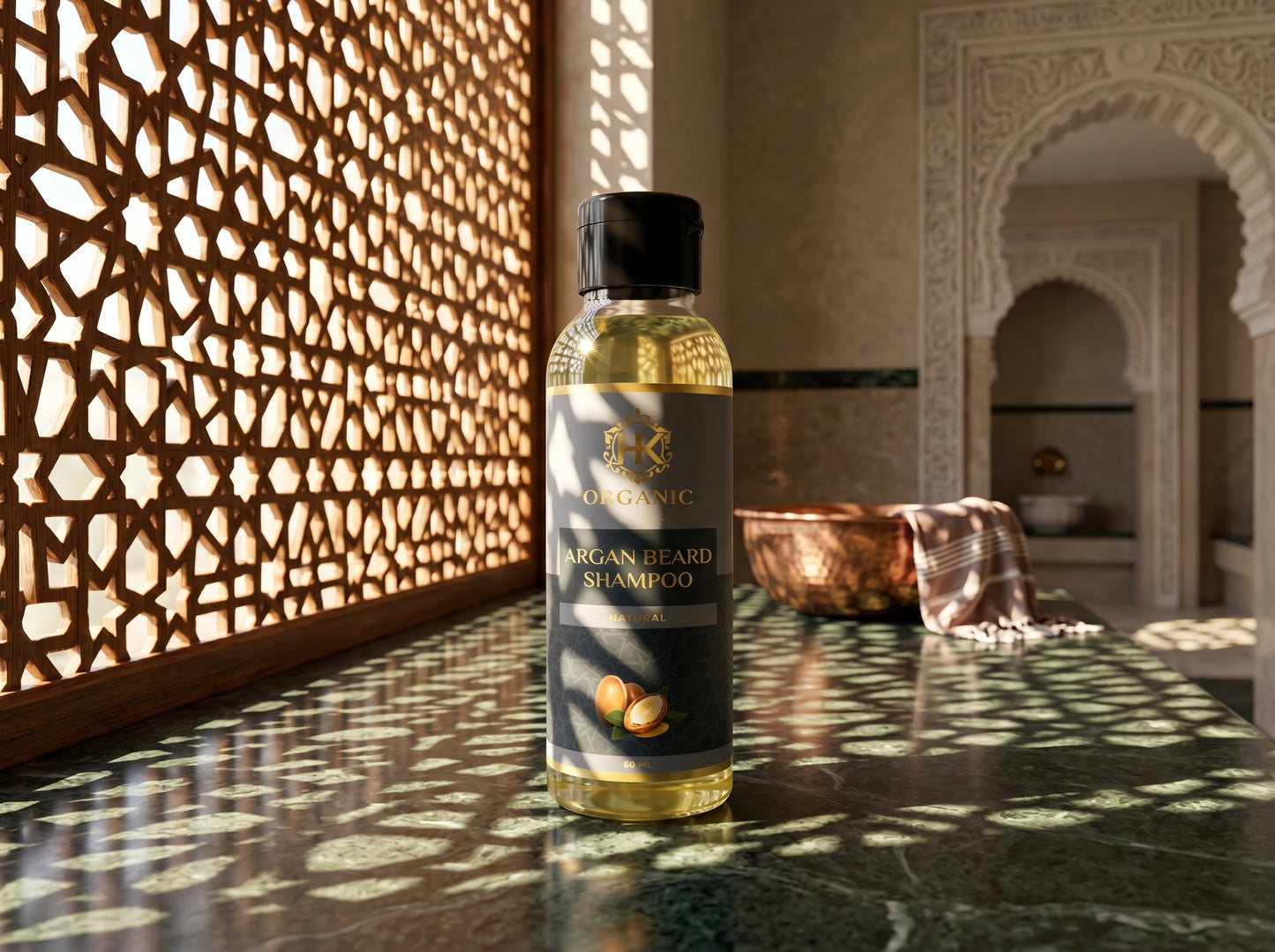 Bottle of Argan Beard Shampoo on a reflective surface with decorative background