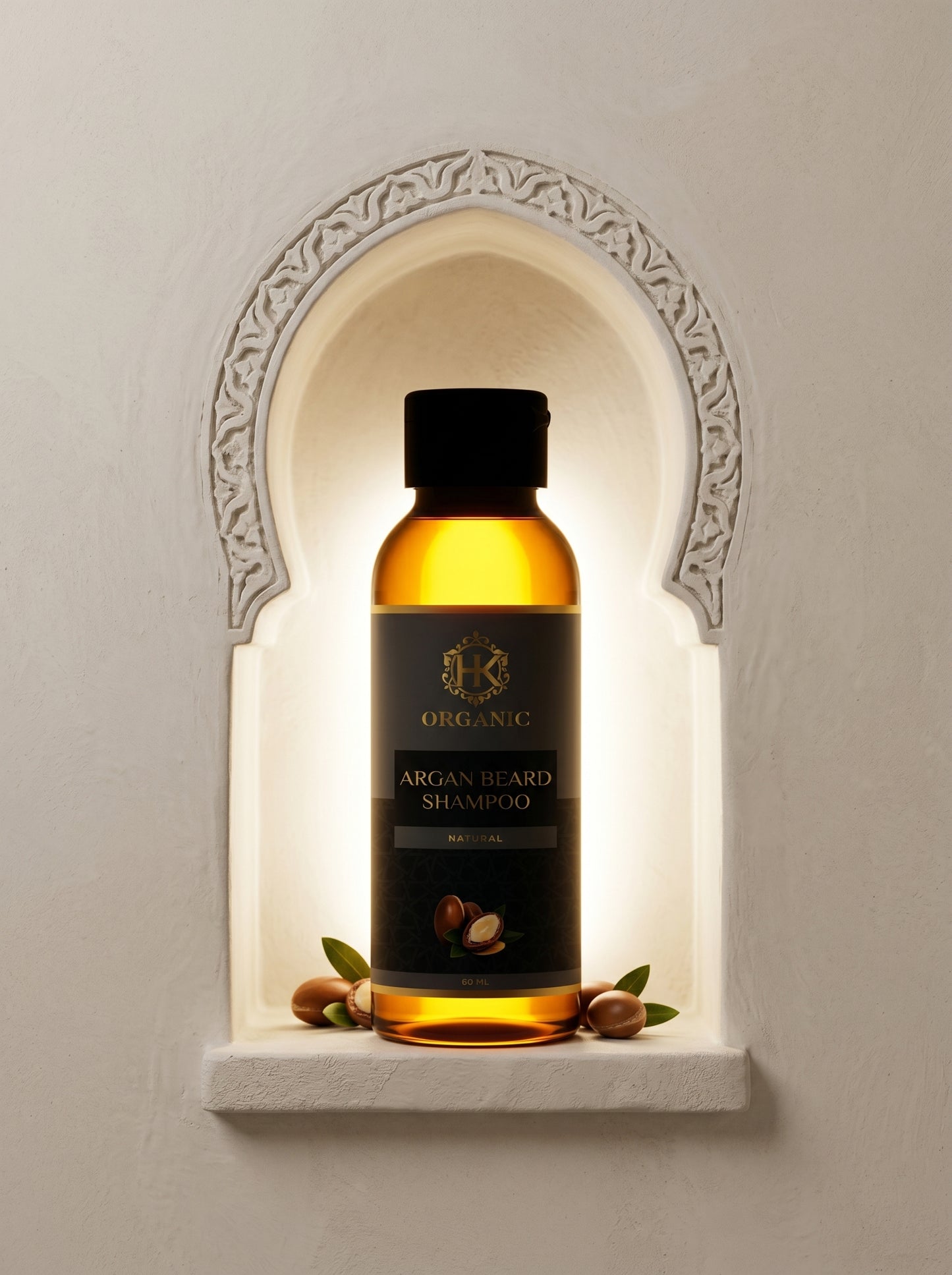 Bottle of organic argan beard shampoo on a decorative shelf with a neutral background