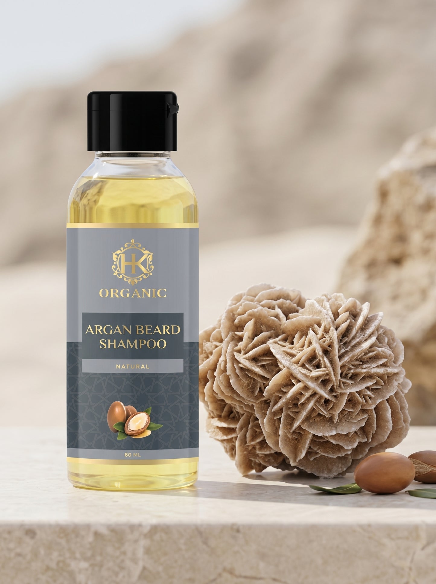 Bottle of argan beard shampoo with a natural sponge and nuts on a neutral background