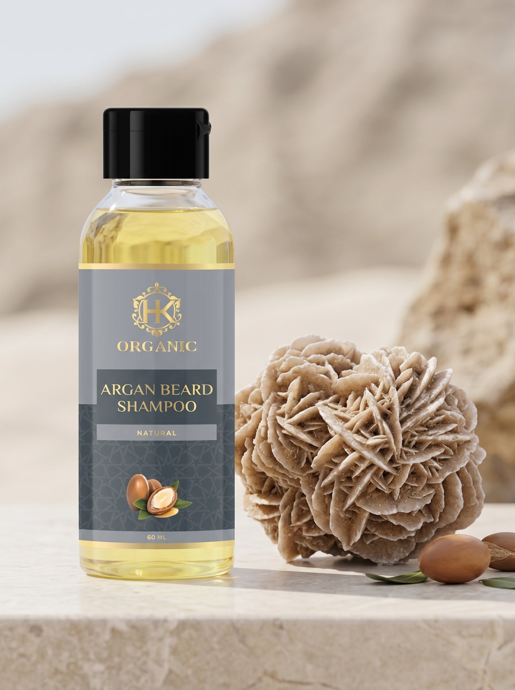 Bottle of argan beard shampoo with a natural sponge and nuts on a neutral background