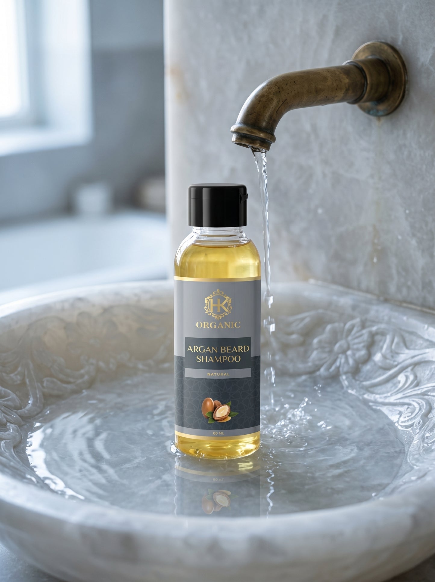 Bottle of Argan Beard Shampoo being filled with water from a faucet in a marble sink.