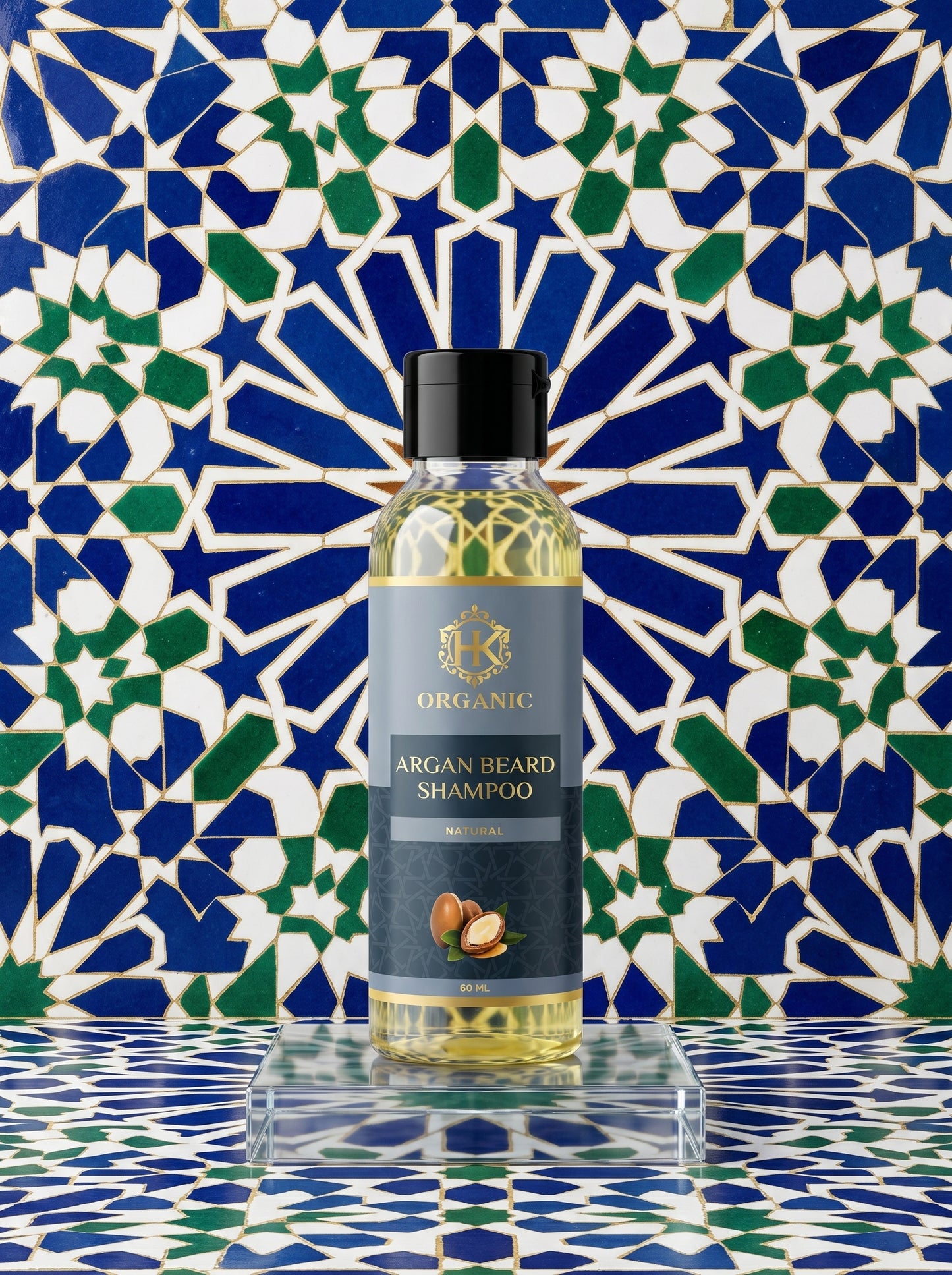 Bottle of Organic Argan Beard Shampoo on a mosaic tile background