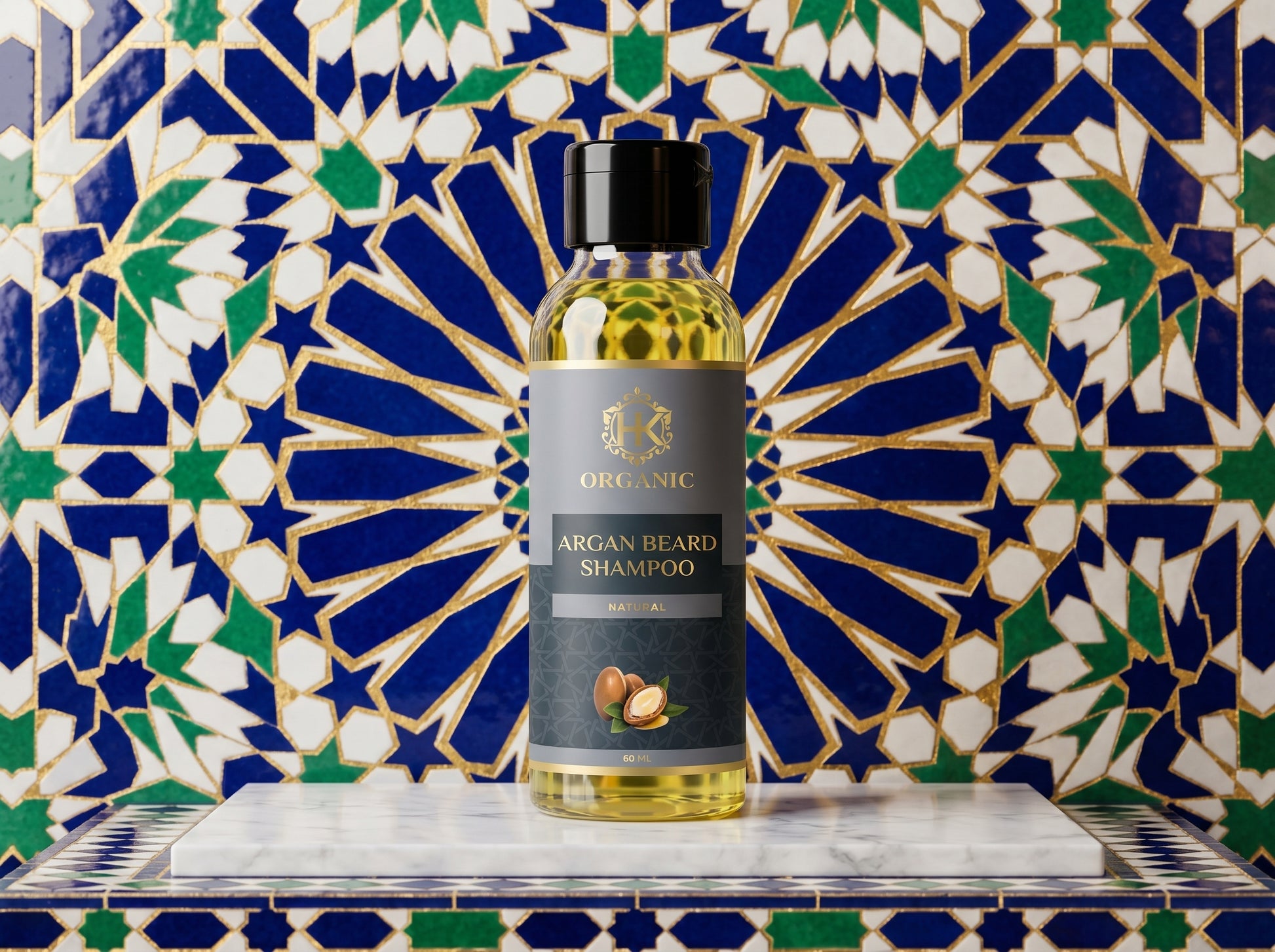 Bottle of organic argan beard shampoo on a mosaic tile background
