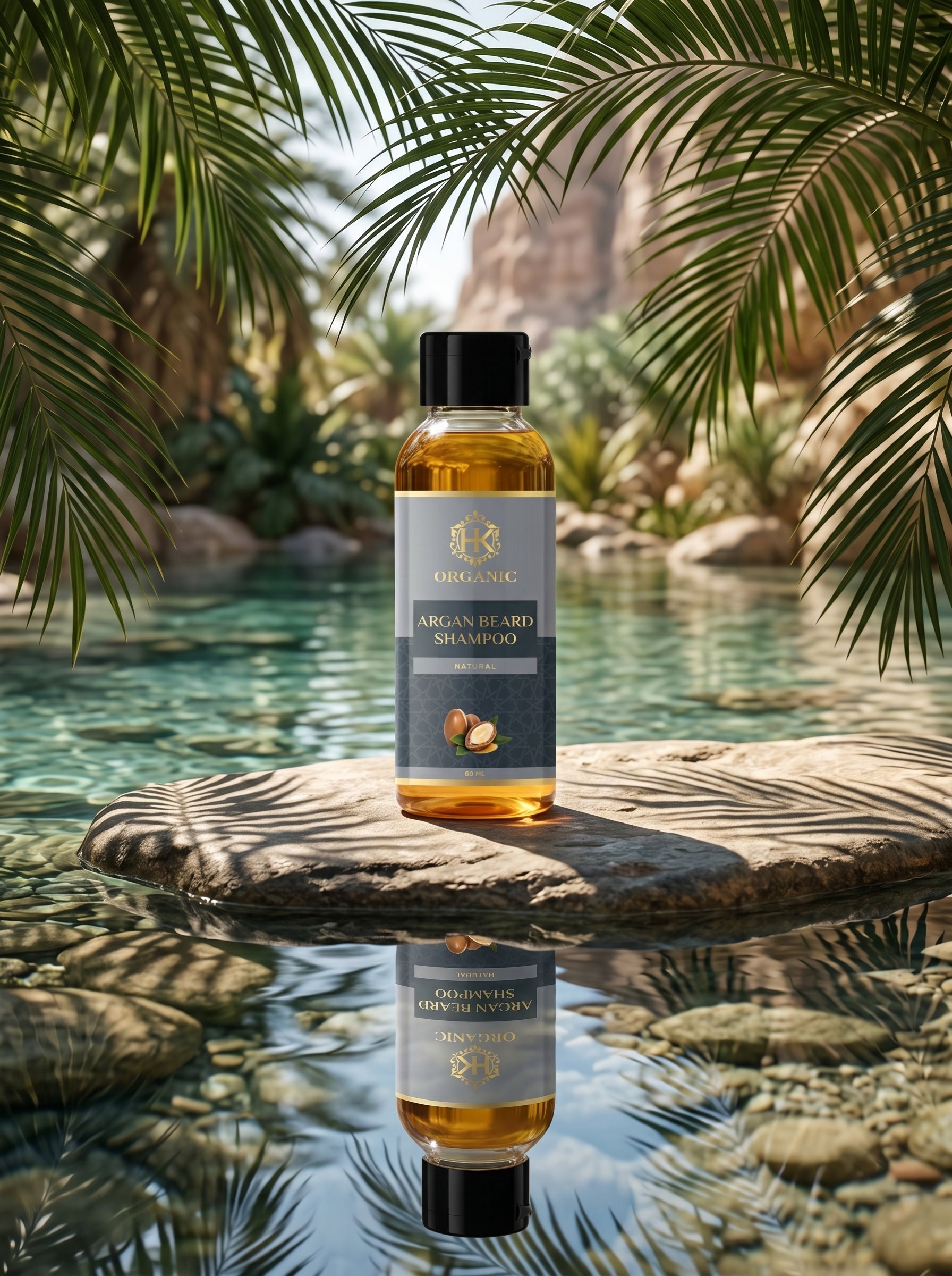 Bottle of Argan Beard Shampoo on a rock with palm leaves and water in the background