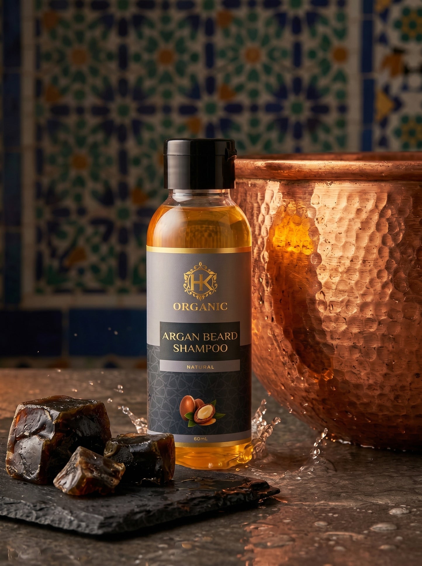 Bottle of organic argan beard shampoo with a decorative background