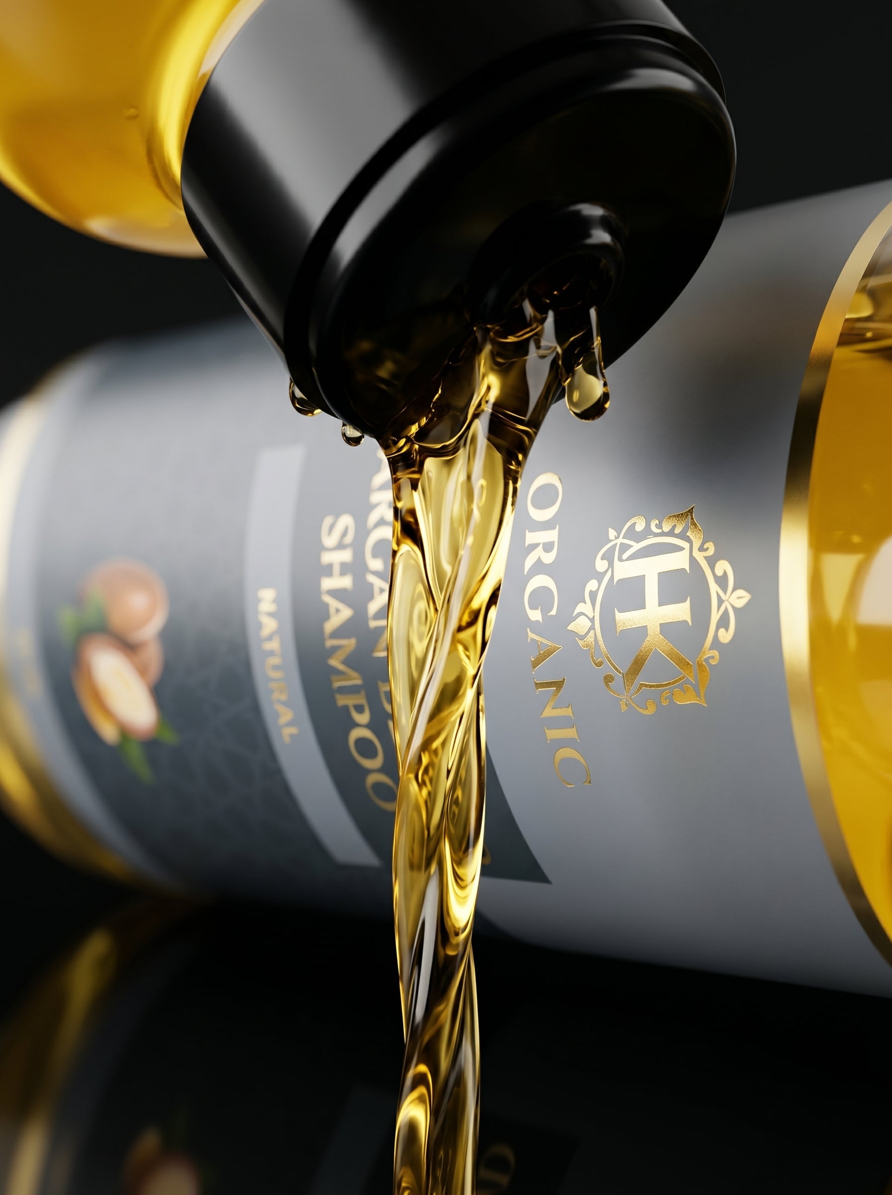 Shampoo bottle with gold liquid being poured, featuring 'Organic' branding.