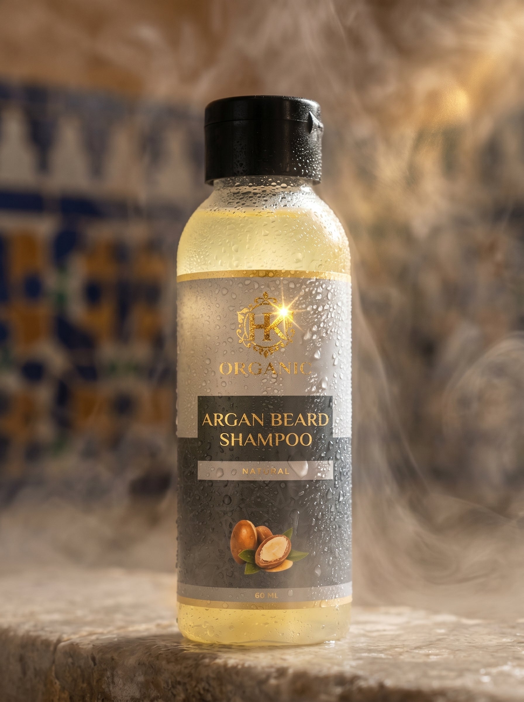 Bottle of Argan Beard Shampoo on a textured surface with a decorative background