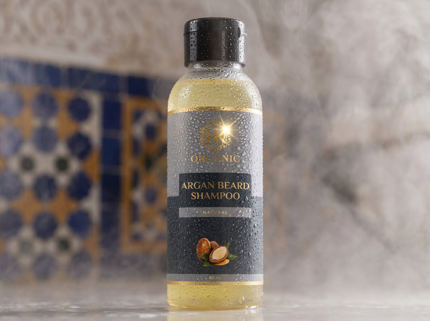Bottle of argan beard shampoo with a decorative background