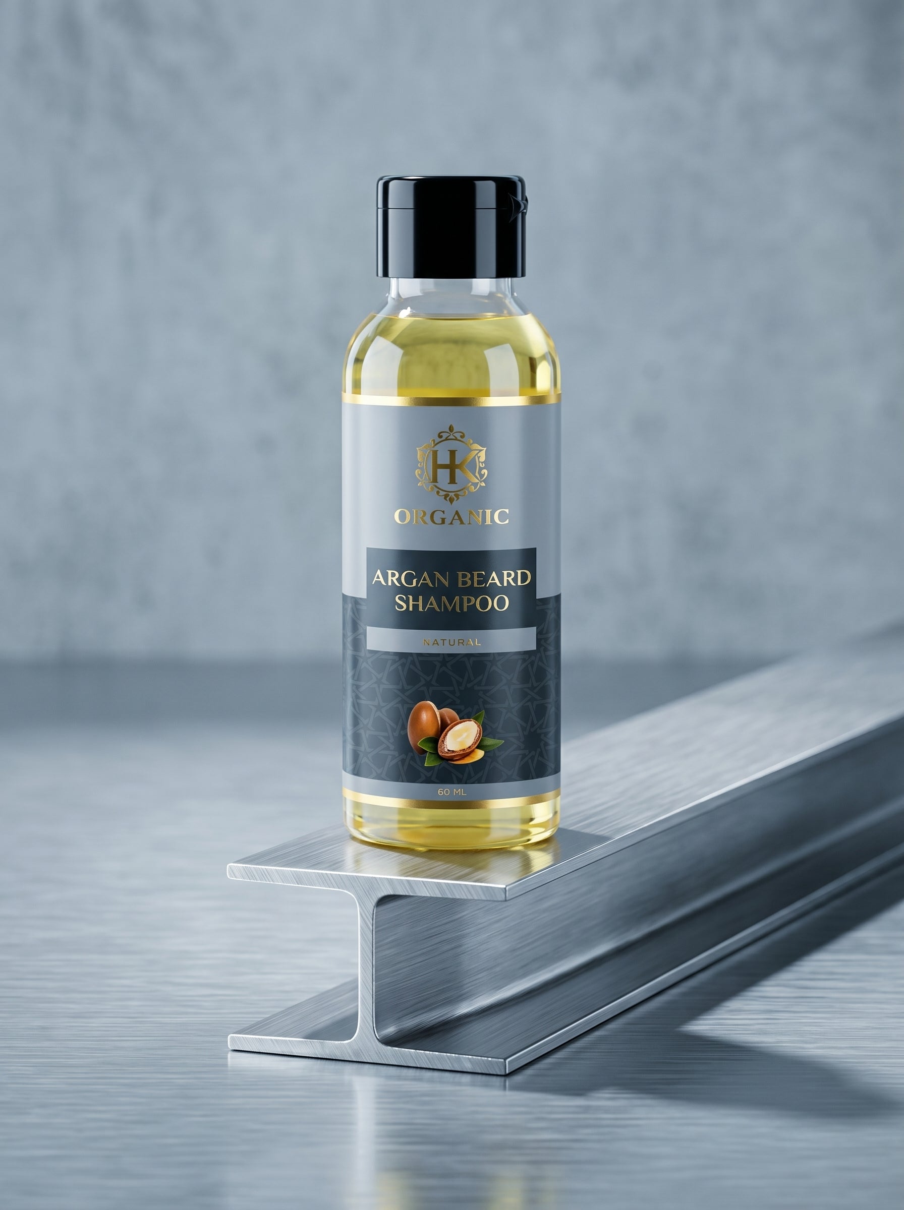 Bottle of Organic Argan Beard Shampoo on a metallic shelf with a gray background