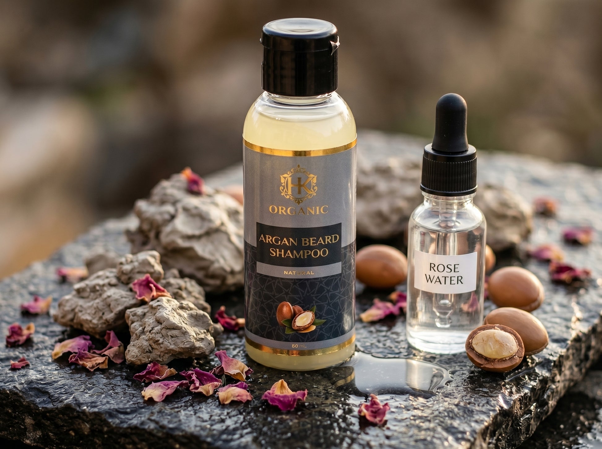 Two bottles of organic skincare products on a stone surface with natural elements.