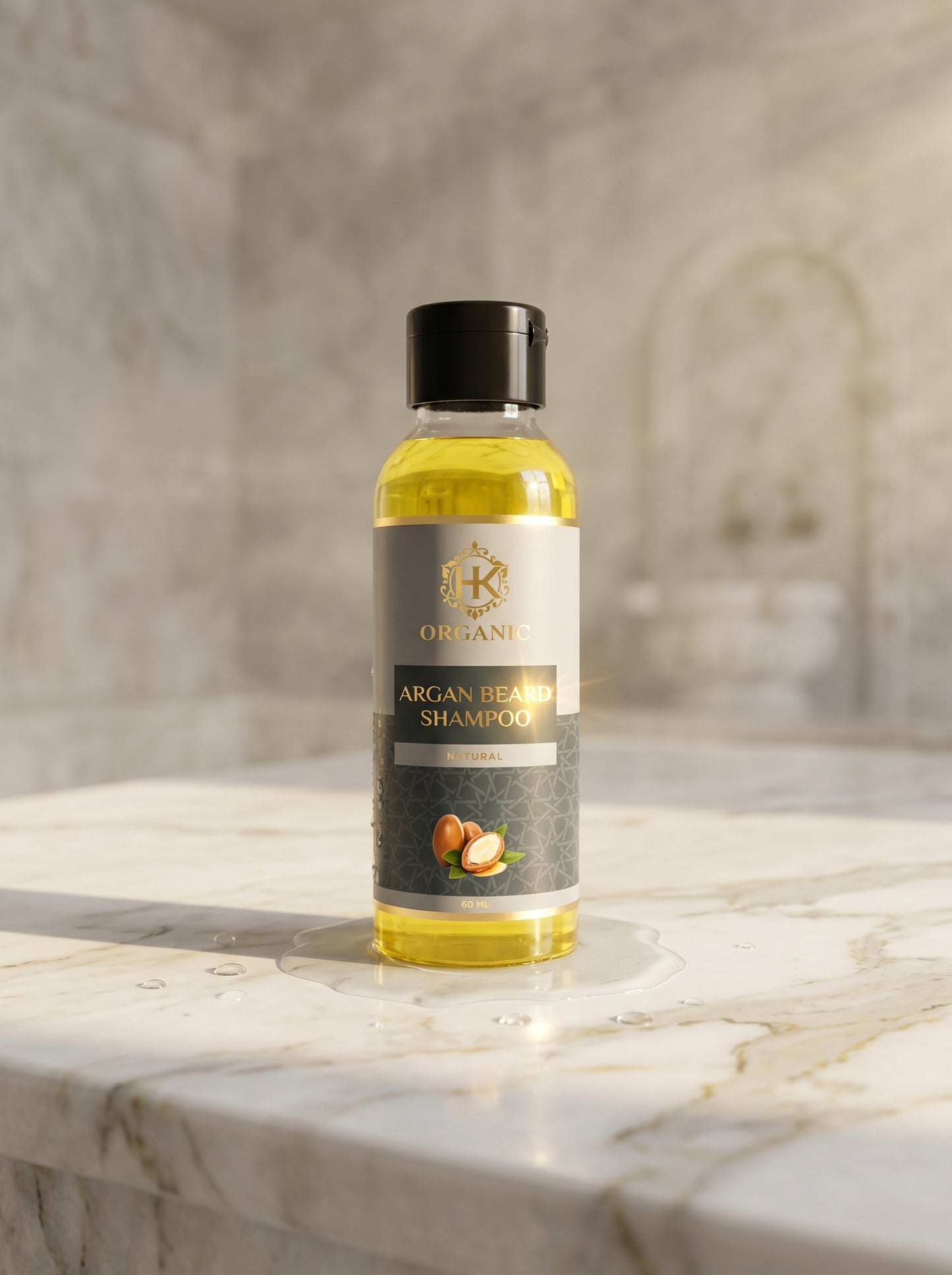 Shampoo bottle on a marble surface with a neutral background