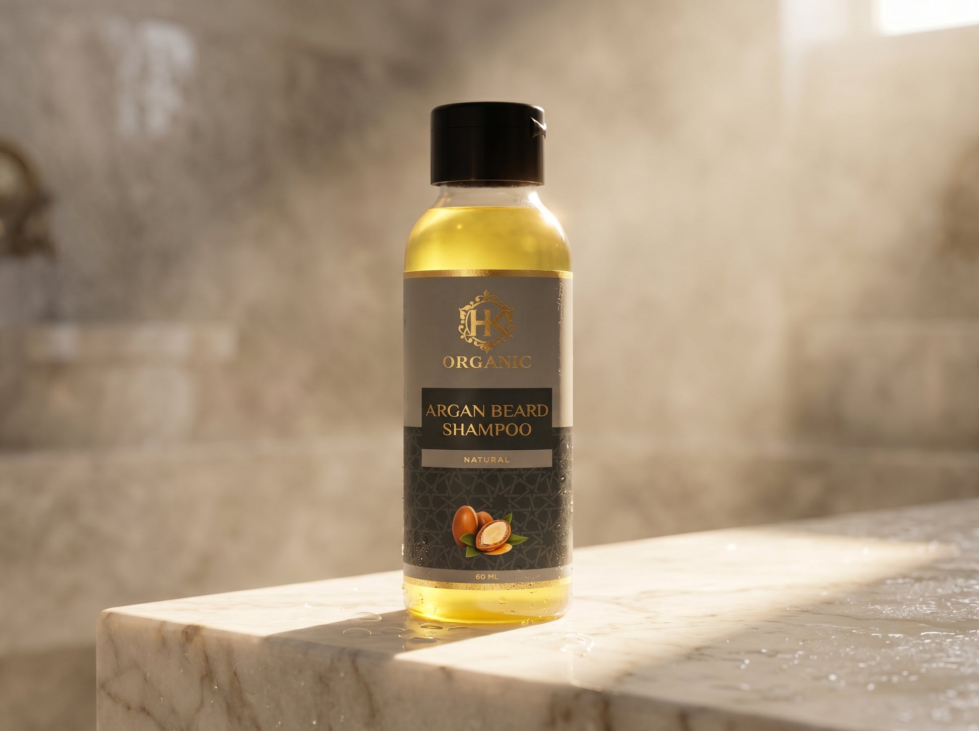 Bottle of argan beard shampoo on a marble surface with a blurred background