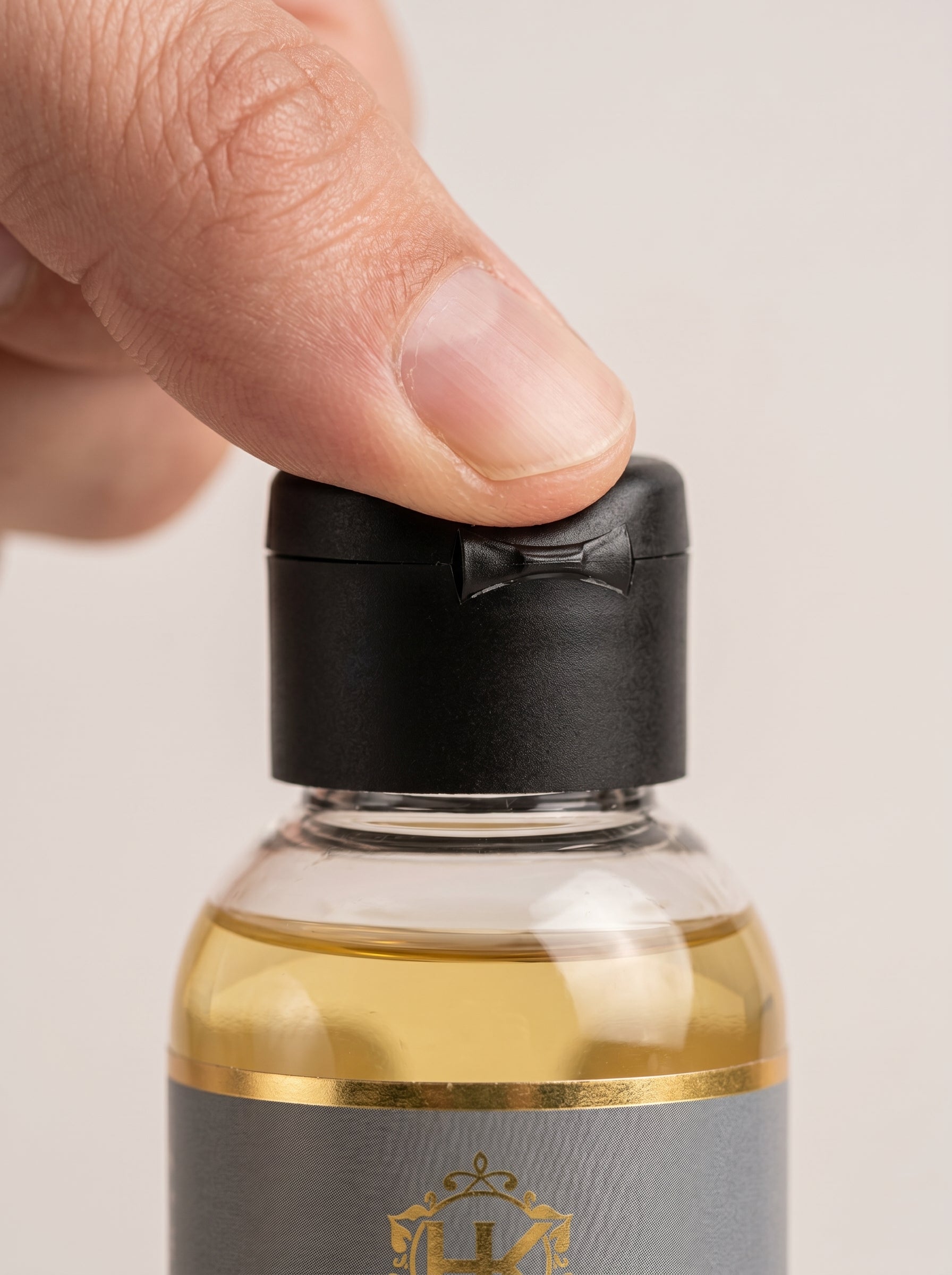 Hand holding a small bottle with a black cap against a neutral background