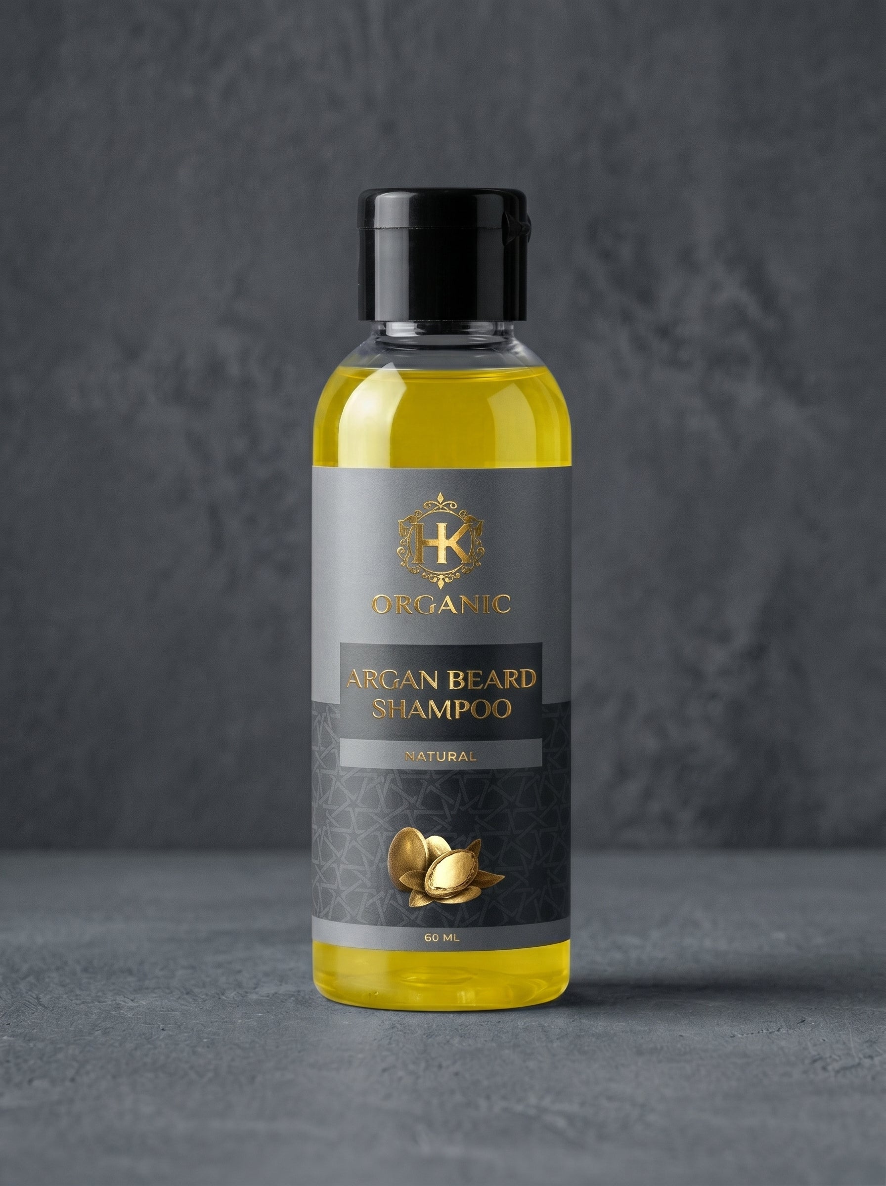 Bottle of Argan Beard Shampoo on a dark background