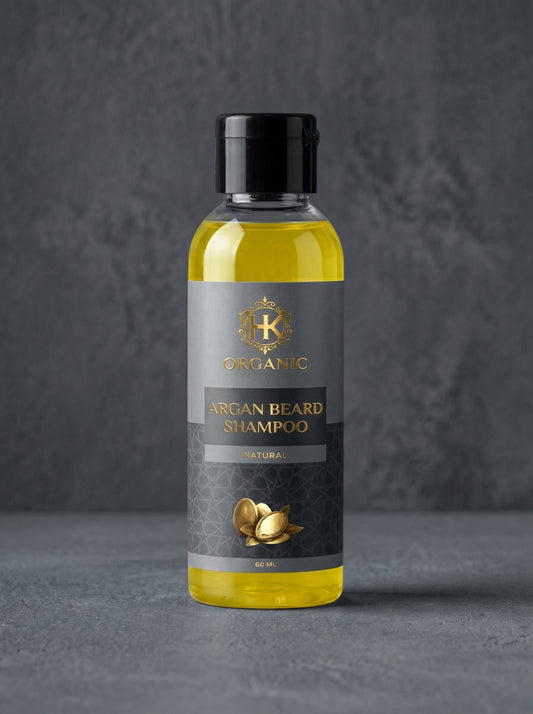 Bottle of Argan Beard Shampoo on a dark background