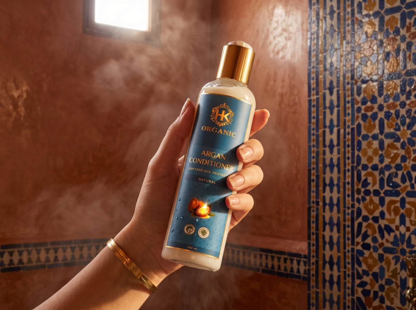 Hand holding a bottle of Keral Organics Argan Conditioner in a bathroom setting.