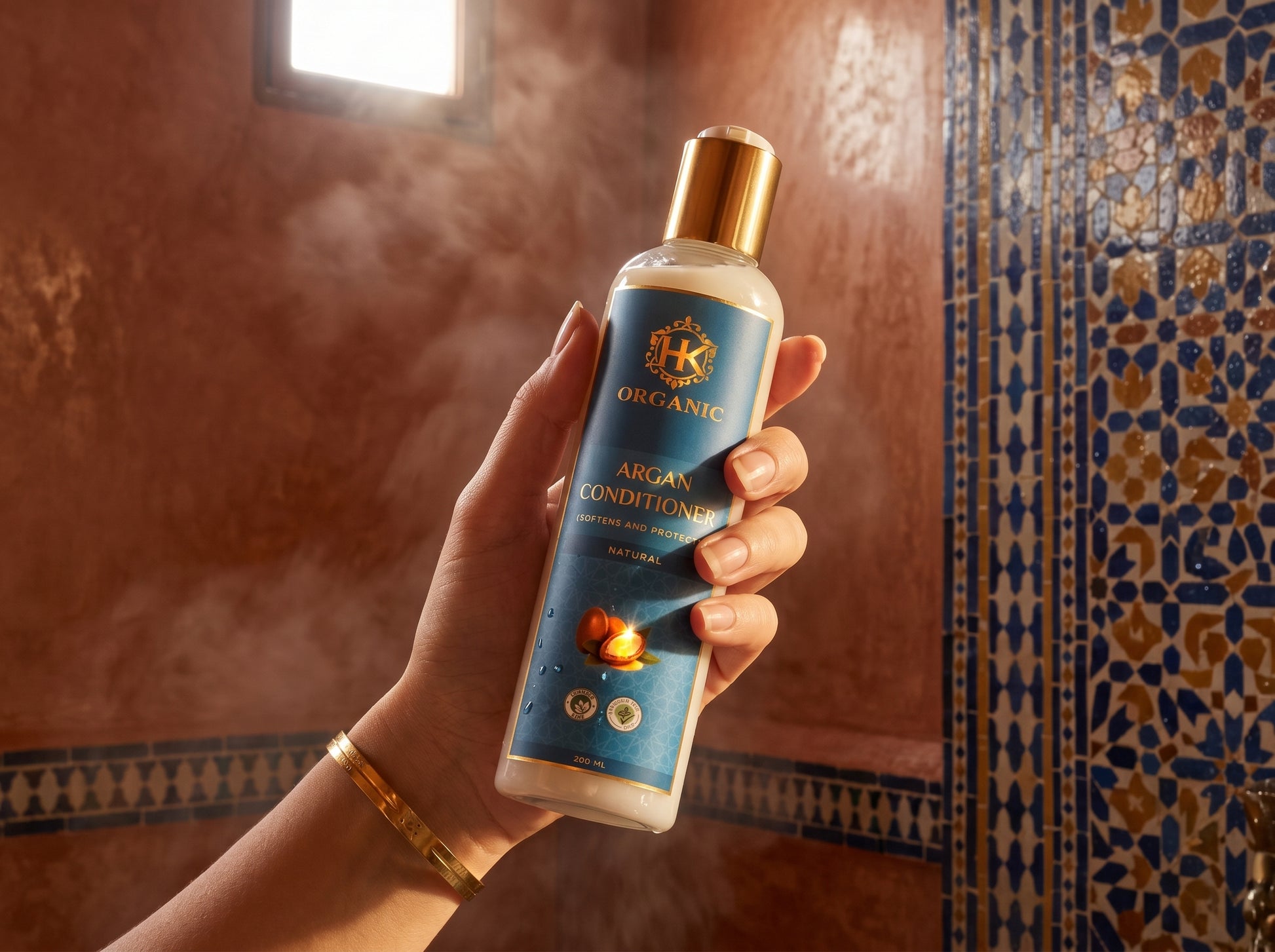 Hand holding a bottle of Keral Organics Argan Conditioner in a bathroom setting.