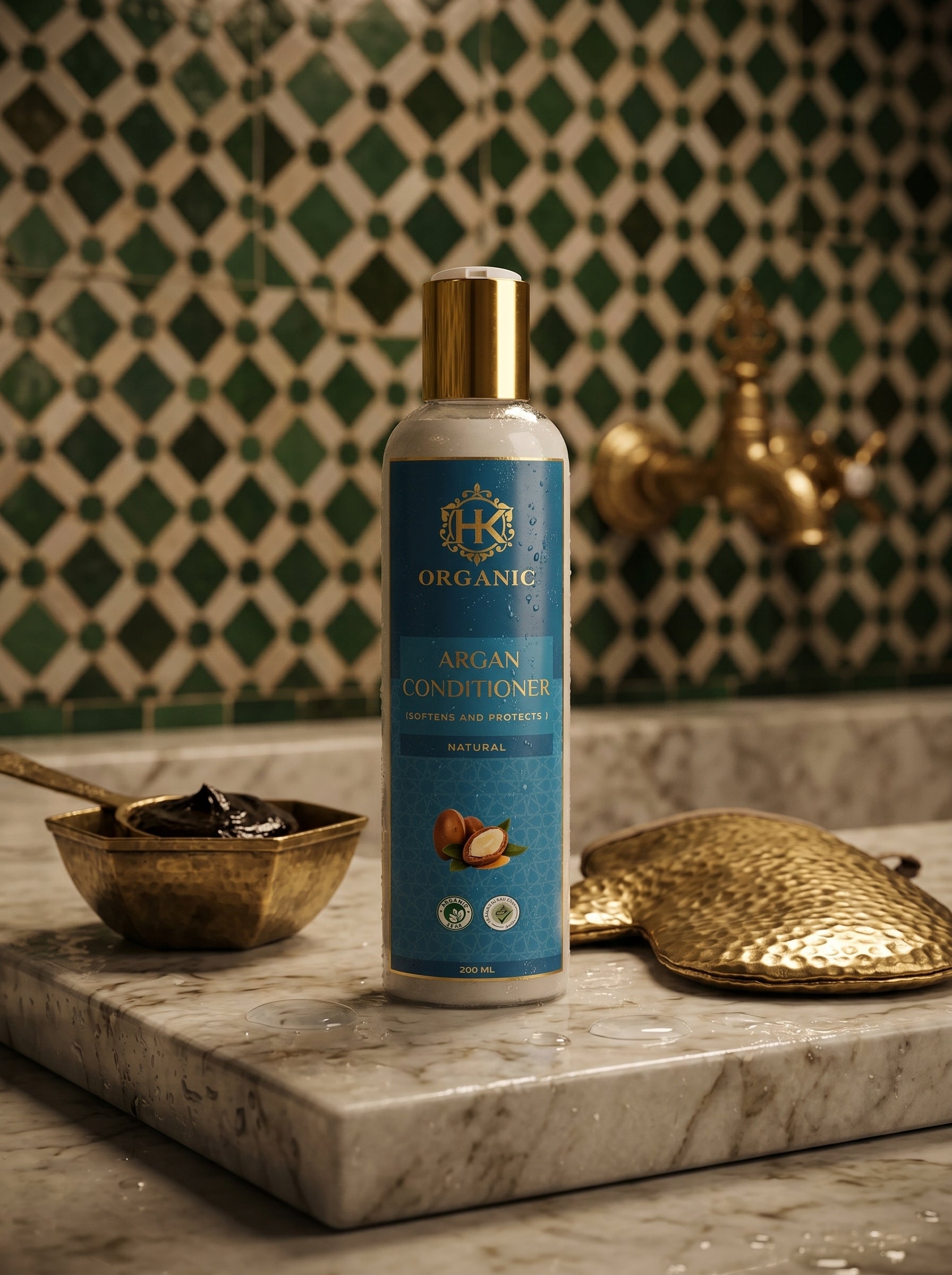 Bottle of organic argan conditioner on a marble surface with decorative elements in the background.