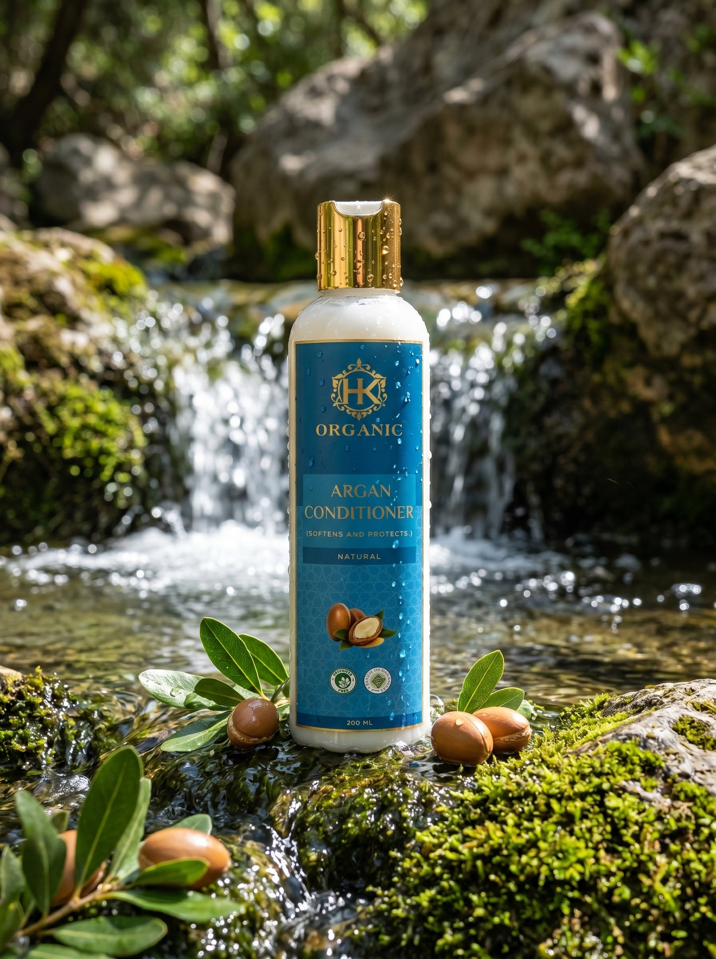 Bottle of organic argan conditioner with argan fruits and leaves on a natural background