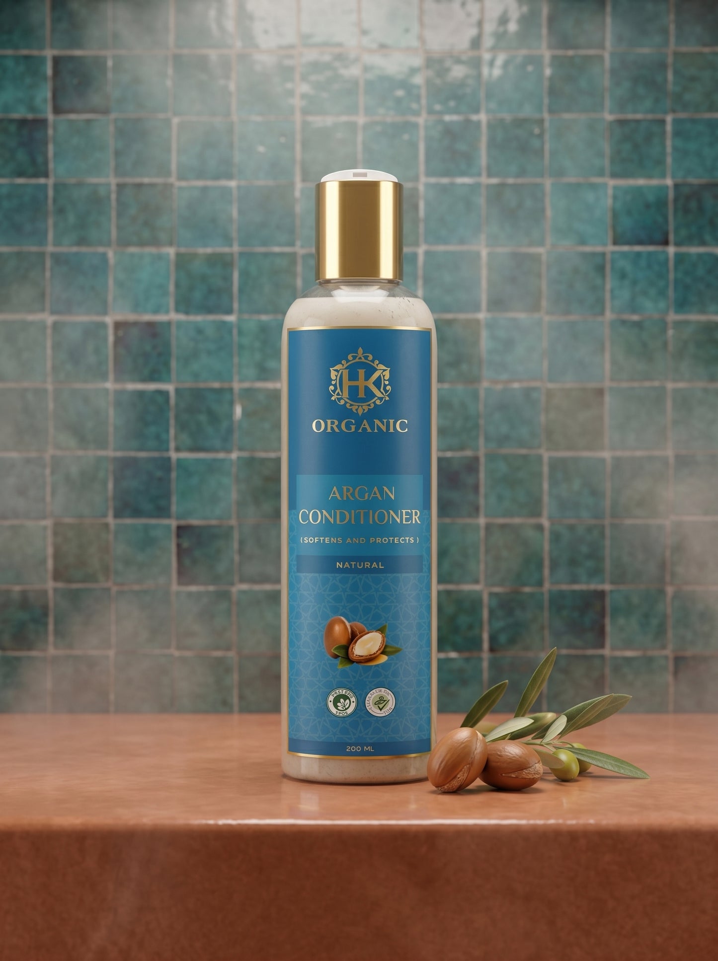 Bottle of organic argan conditioner with ingredients on a wooden surface against a tiled wall.
