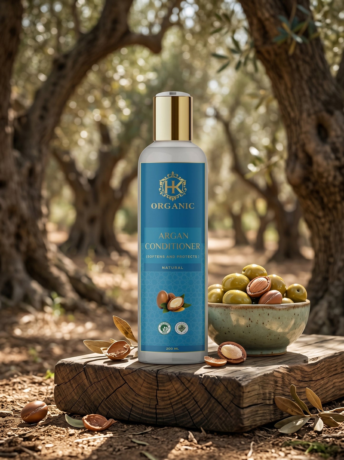 Bottle of organic argan conditioner with argan nuts in an olive grove setting