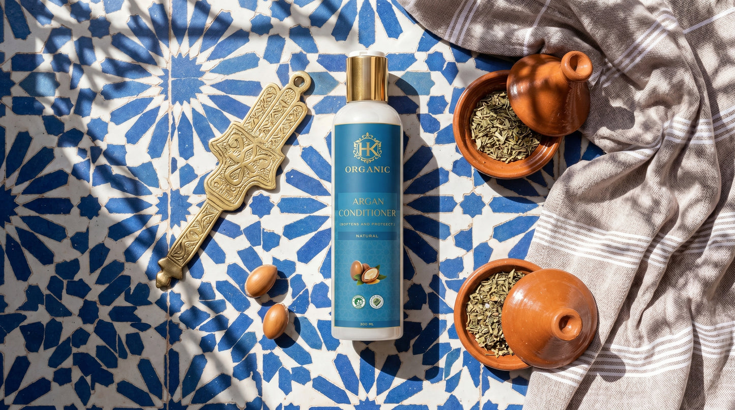Hair care product with decorative elements on a patterned fabric background