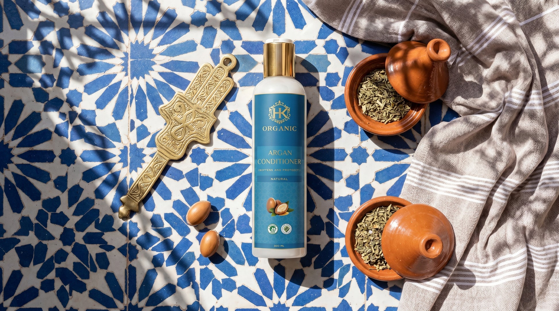 Hair care product with decorative elements on a patterned fabric background