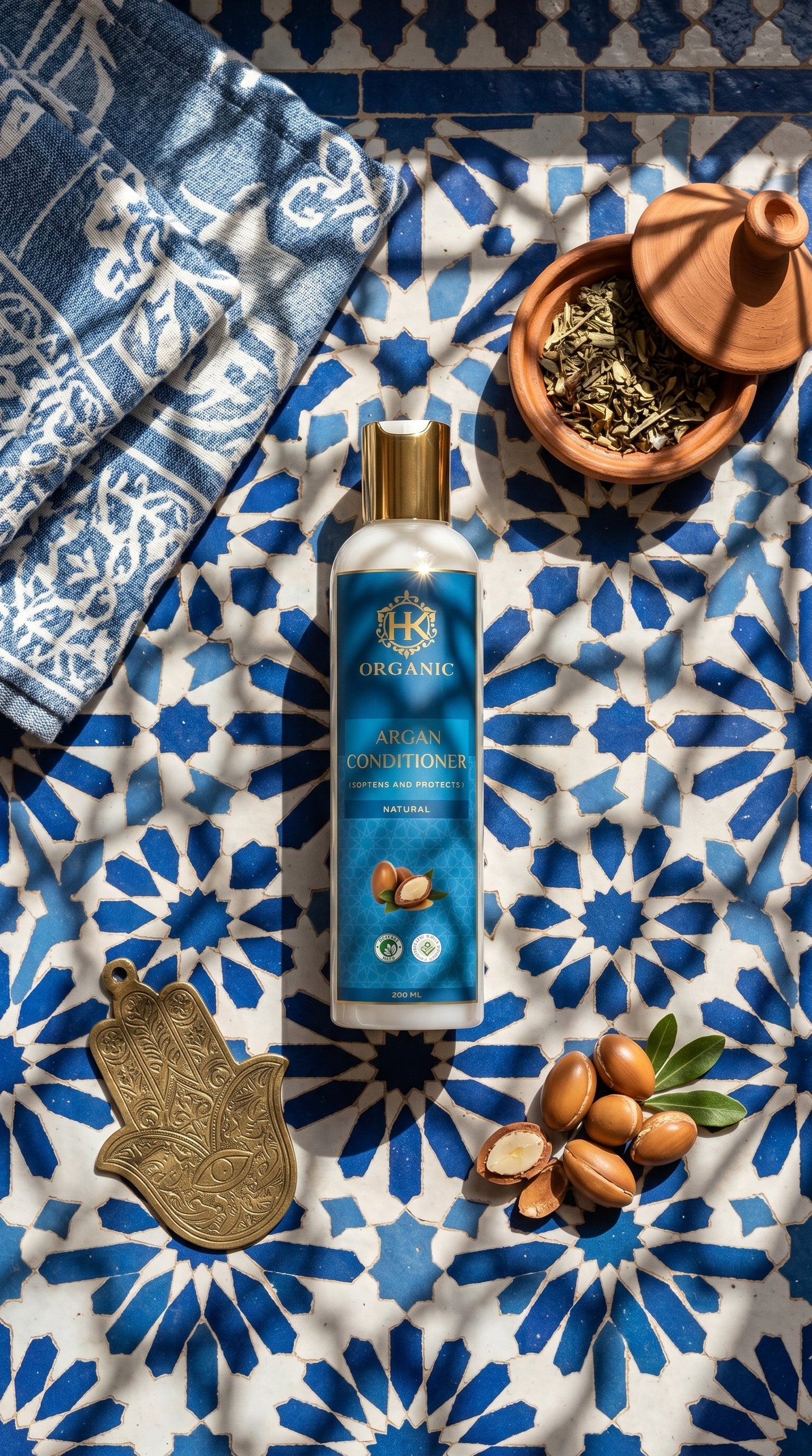 HK Organics hair conditioner bottle on a blue and white patterned surface with nuts and a towel.