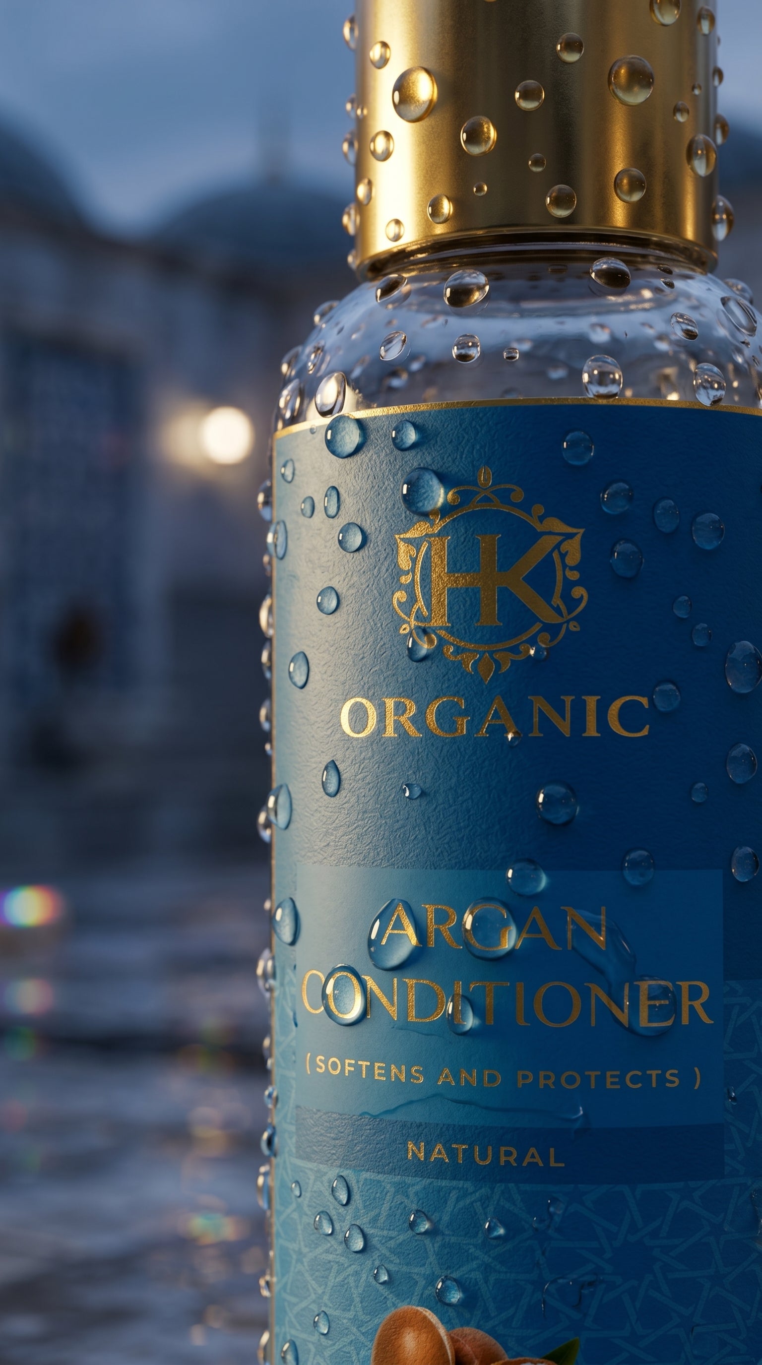 Blue conditioner bottle with gold cap and 'HK' logo on a blurred background