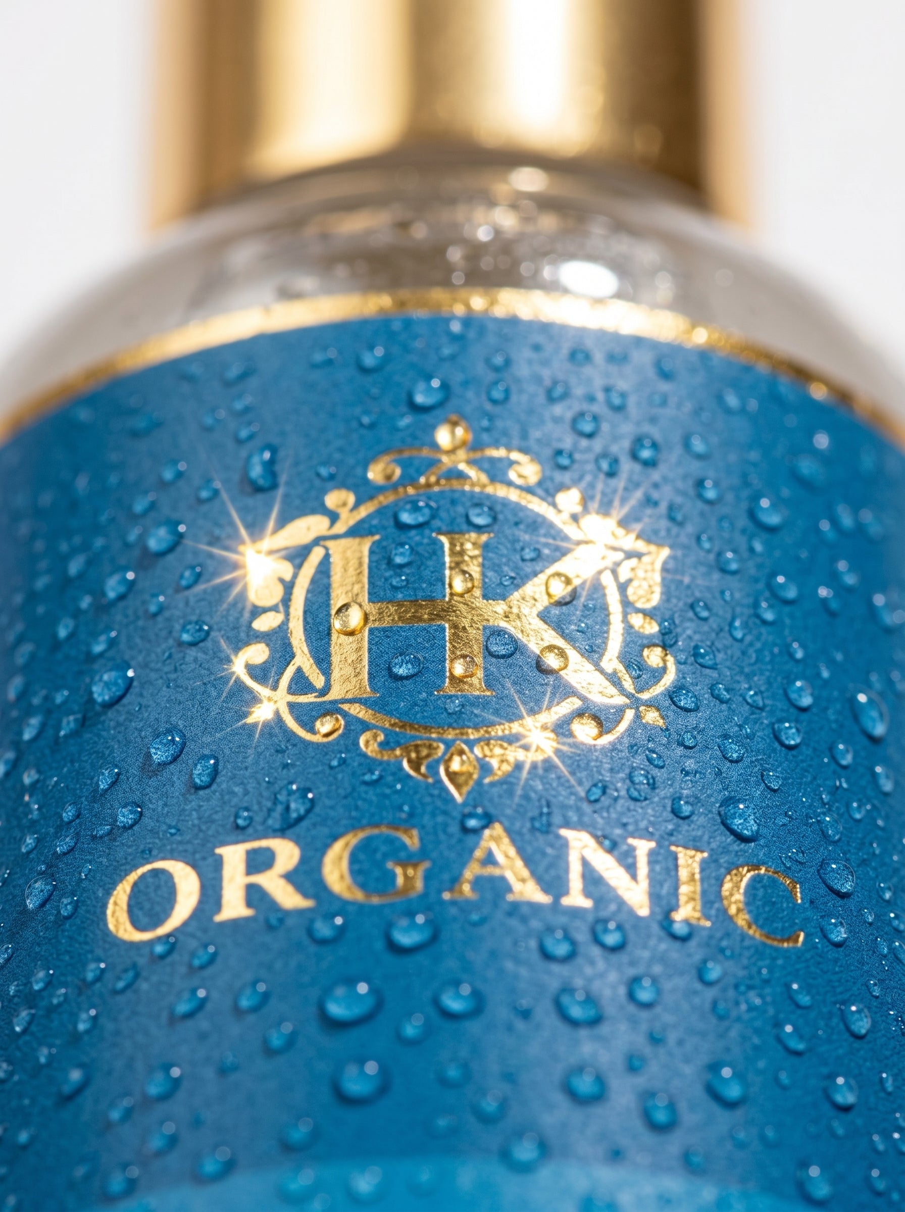Blue bottle with gold HK logo and 'ORGANIC' text on a white background