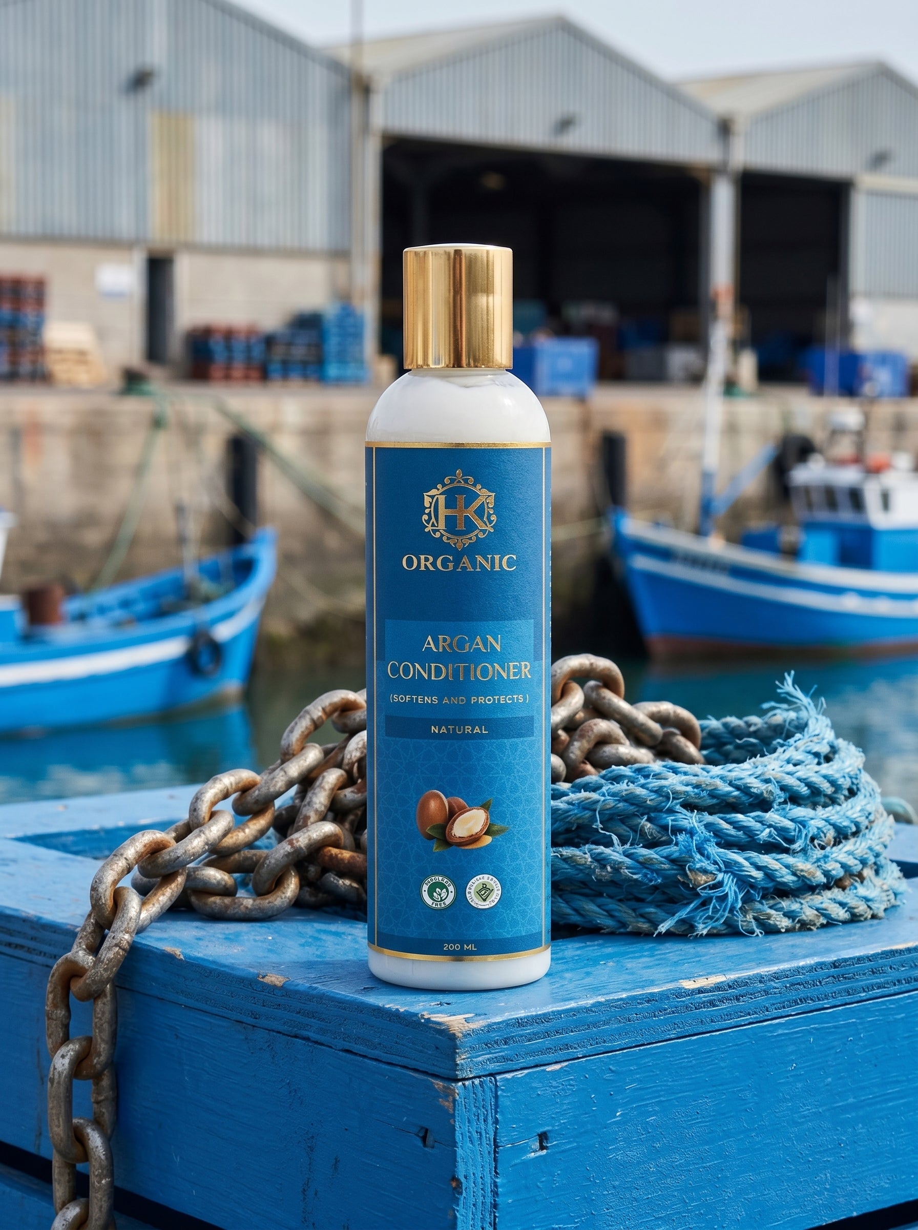 Bottle of Organic Argan Conditioner on a blue wooden surface with boats and storage sheds in the background.