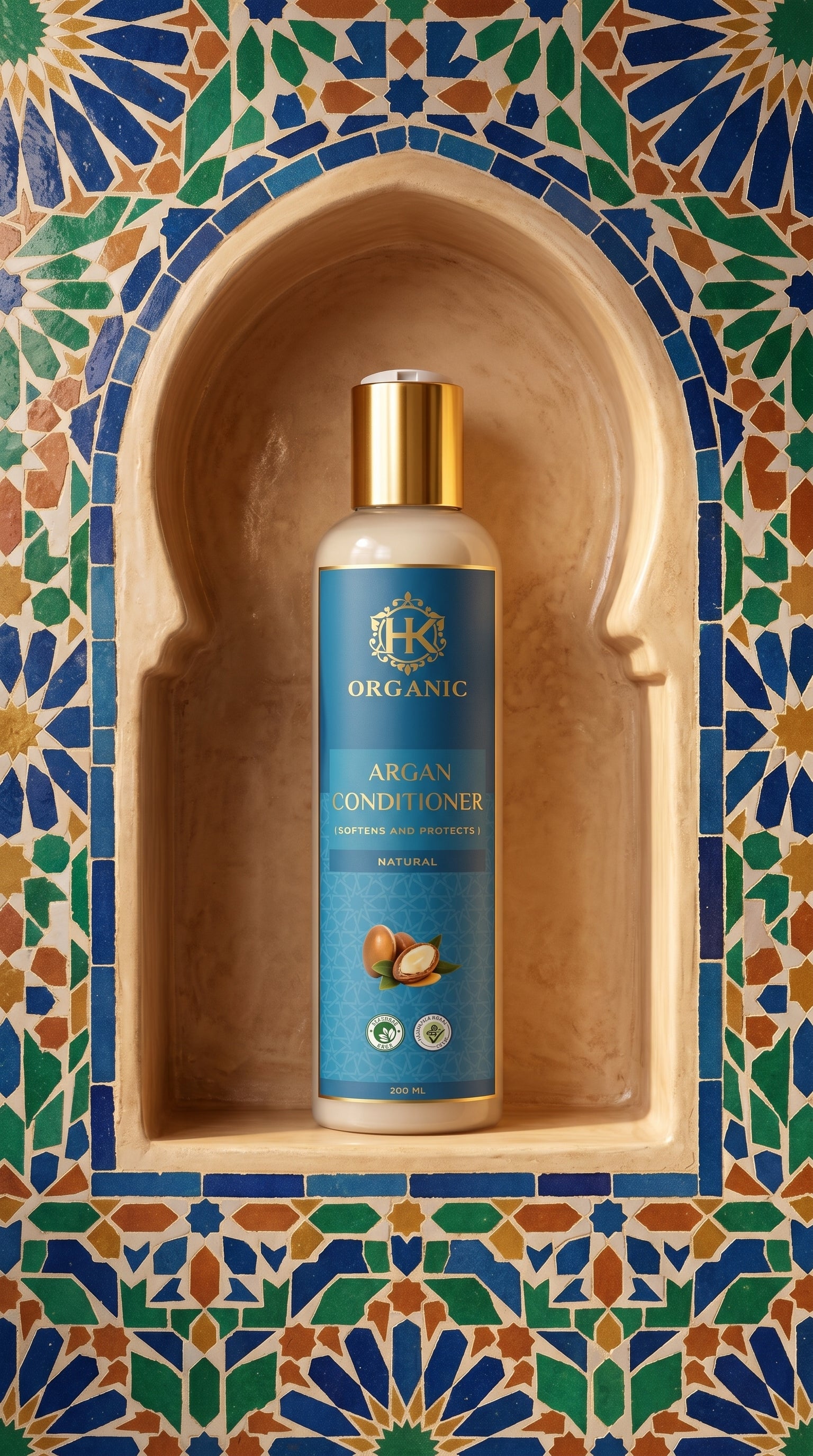 Organic Argan Conditioner bottle on a decorative tiled background