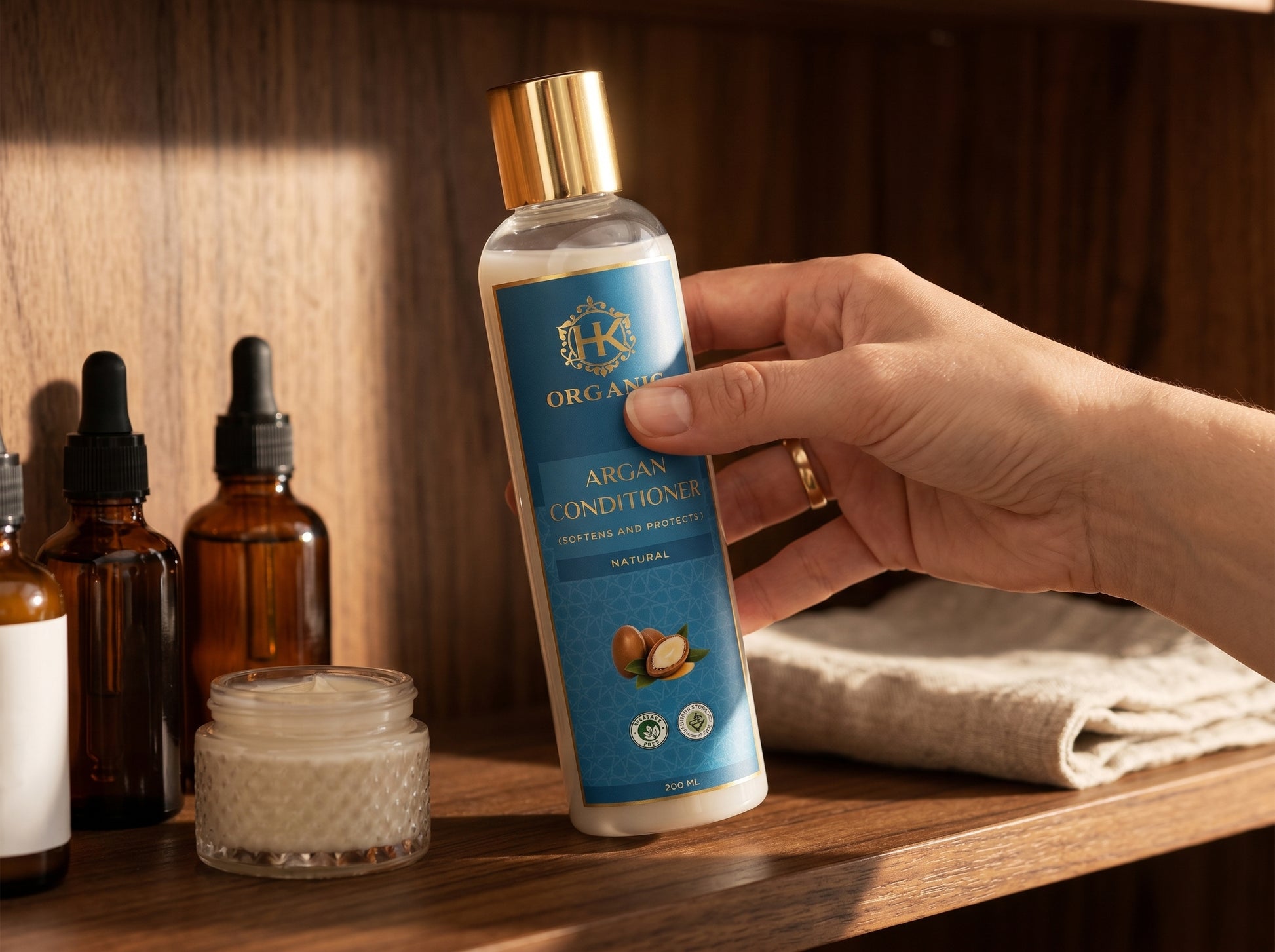 Hand holding a bottle of HK Organics Argan Conditioner on a wooden surface with other skincare products.
