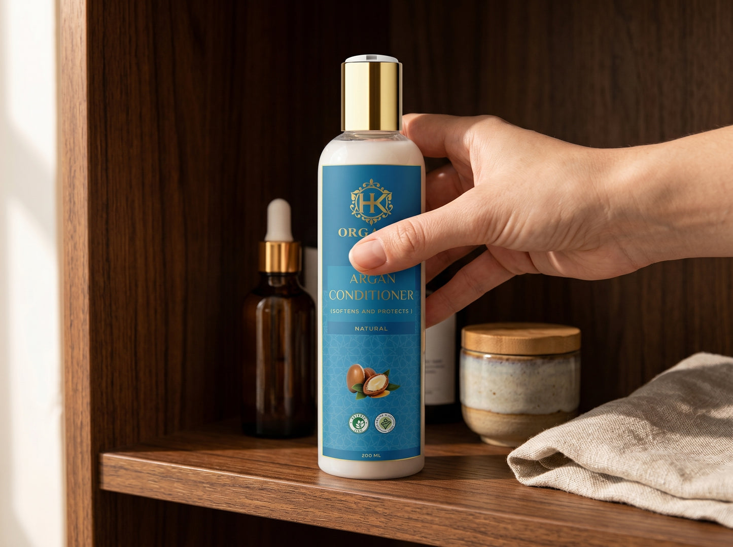 Hand holding a bottle of conditioner on a wooden shelf with other products.