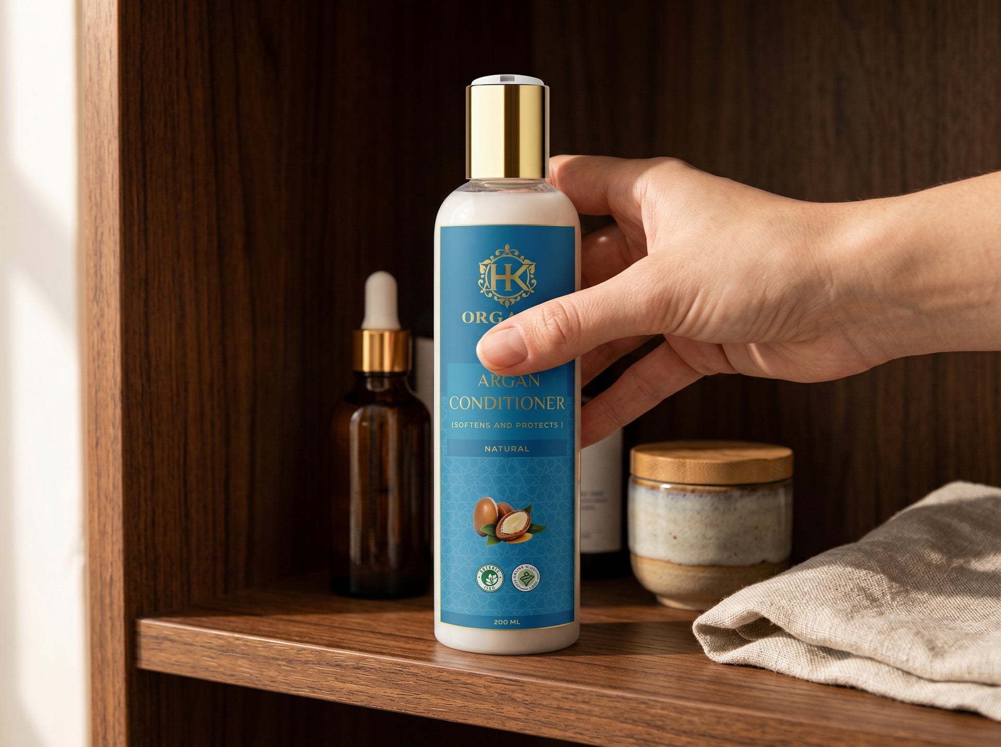 Hand holding a bottle of conditioner on a wooden shelf with other products.