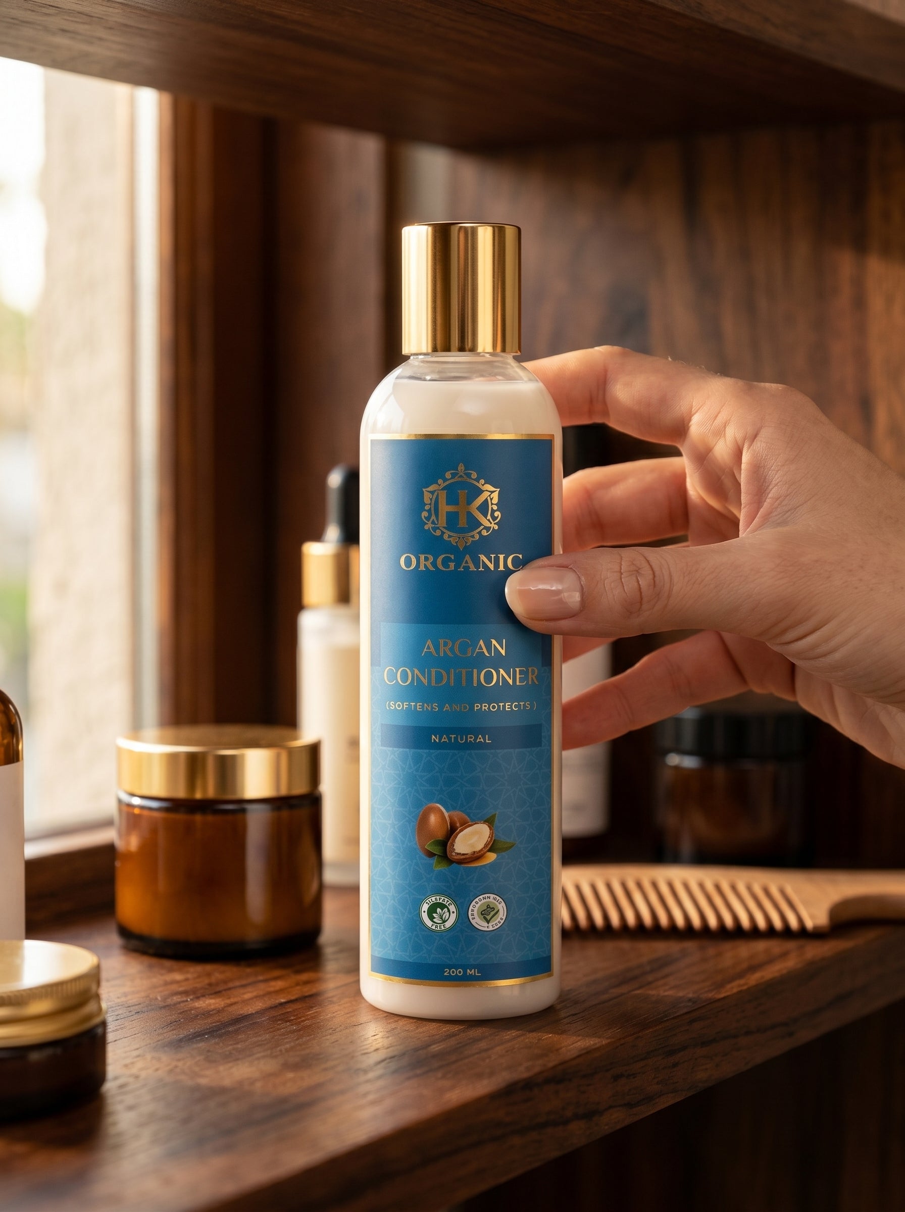 Hand holding a bottle of organic argan conditioner on a wooden shelf.