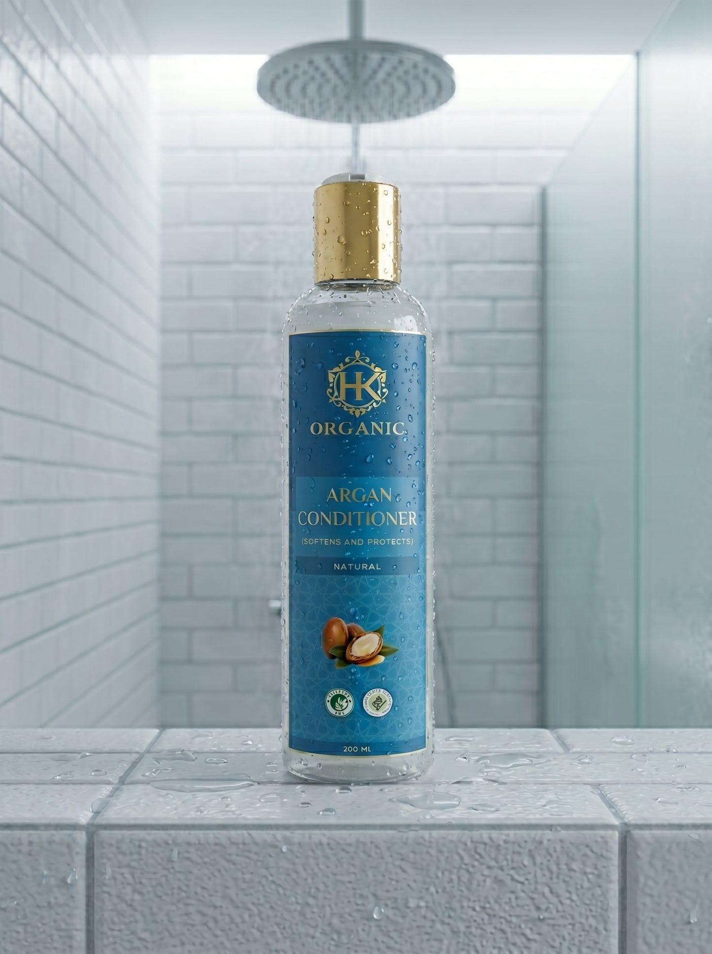 Bottle of Argan Conditioner on a tiled bathroom counter