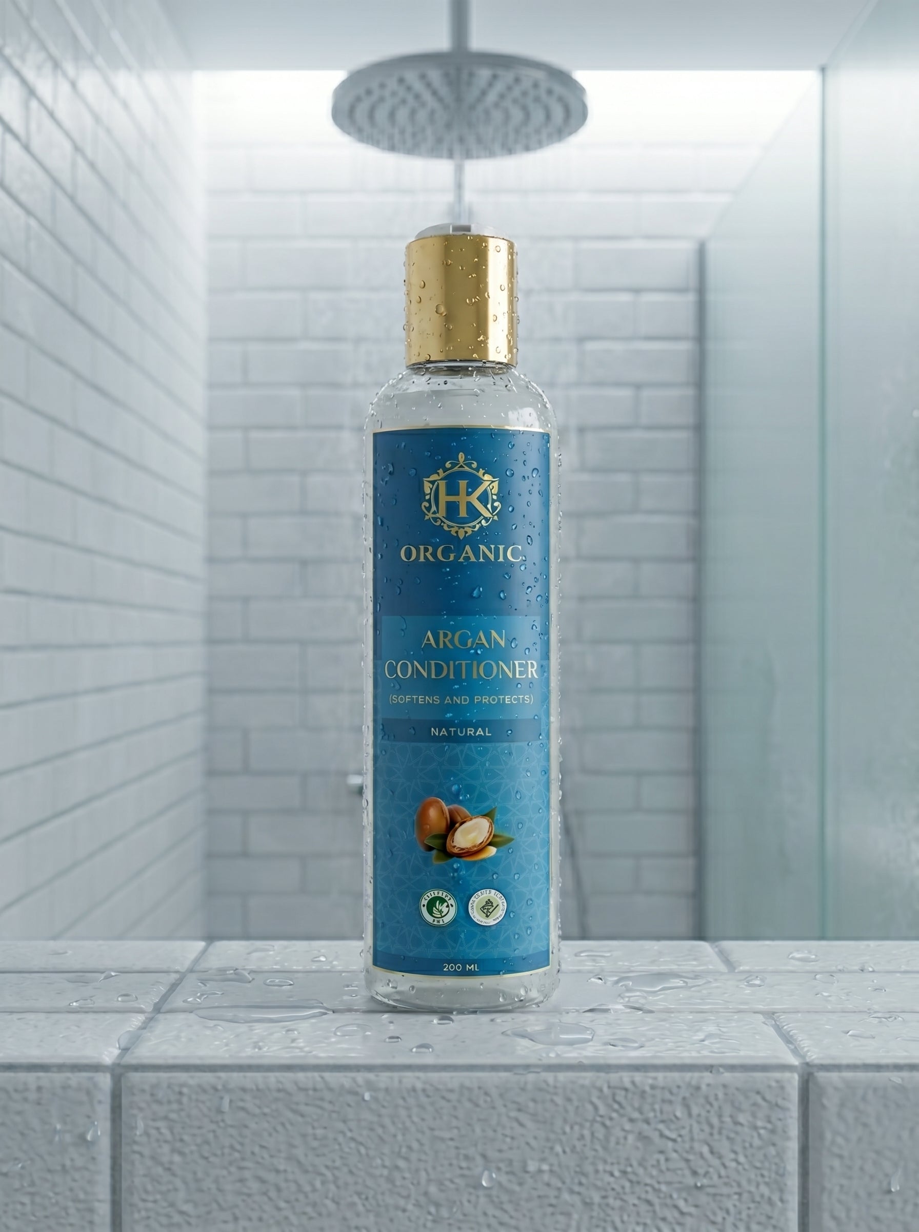 Bottle of Argan Conditioner on a tiled bathroom counter