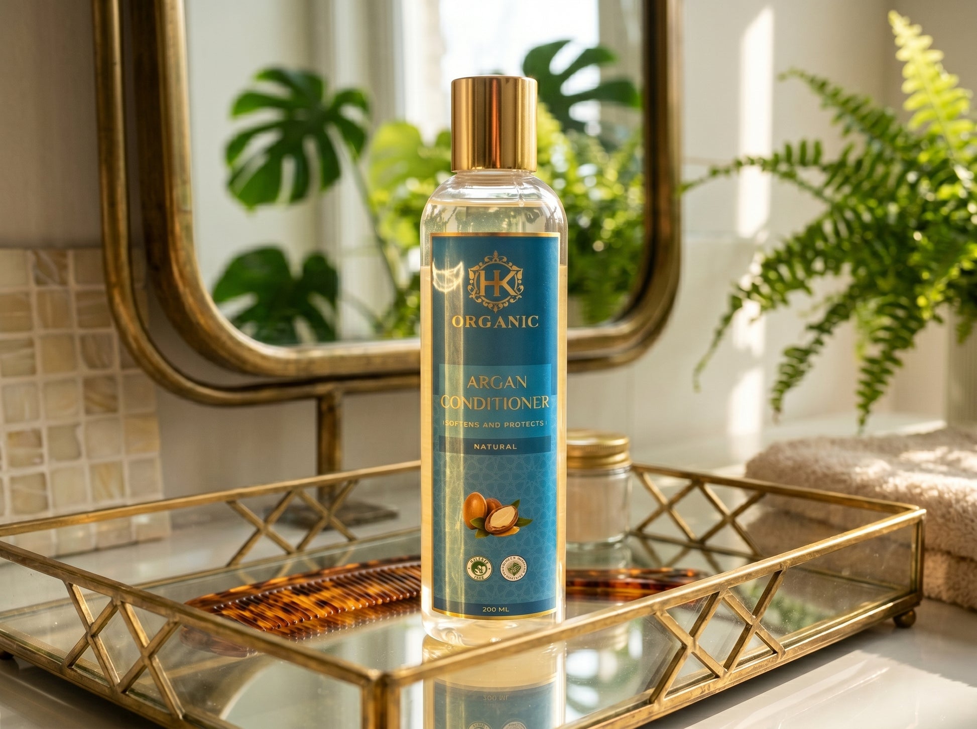 Organic argan conditioner bottle on a decorative tray with plants in the background