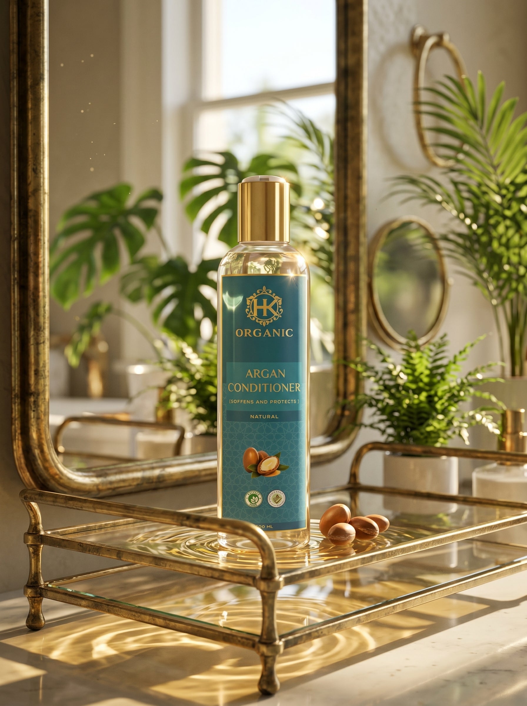 Bottle of Organic Argan Conditioner on a decorative metal shelf with plants in the background