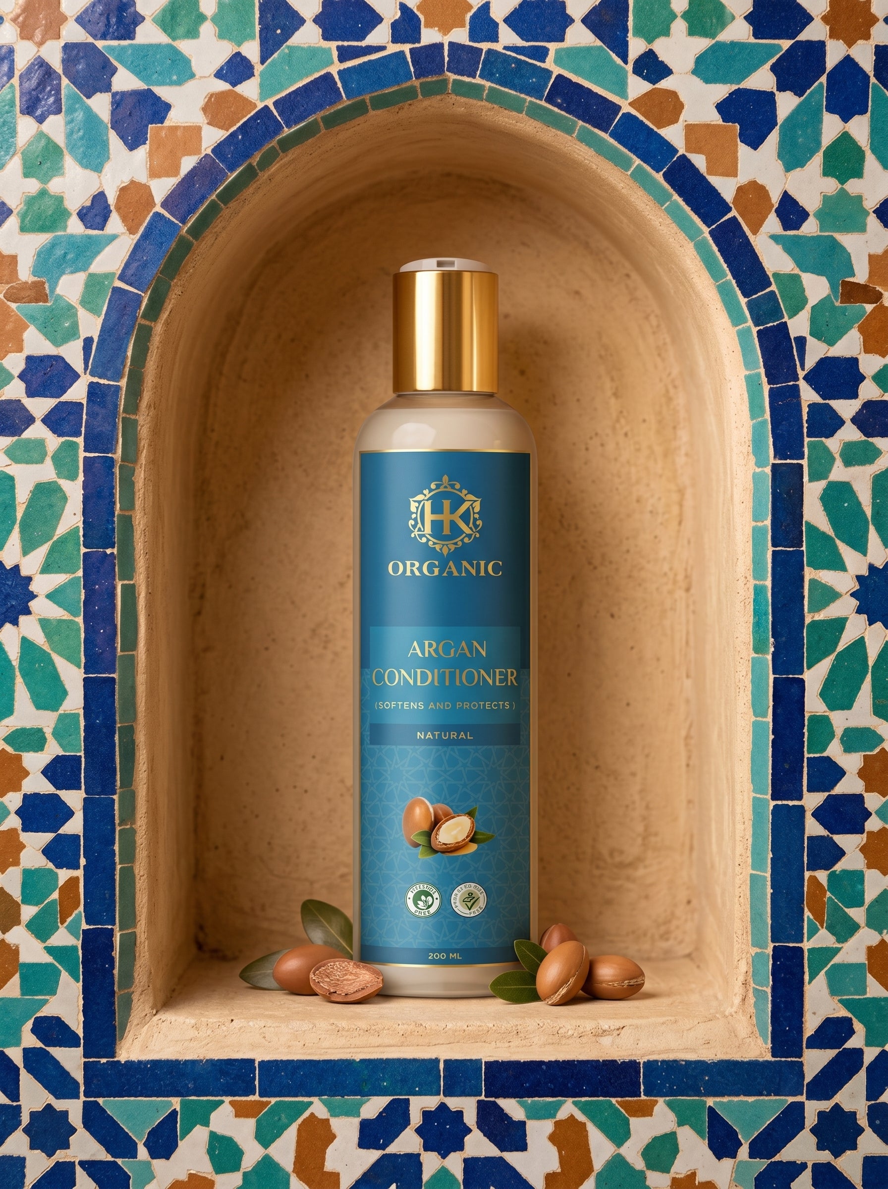 Keratin Kingdom Organic Argan Conditioner bottle with nuts on a decorative background