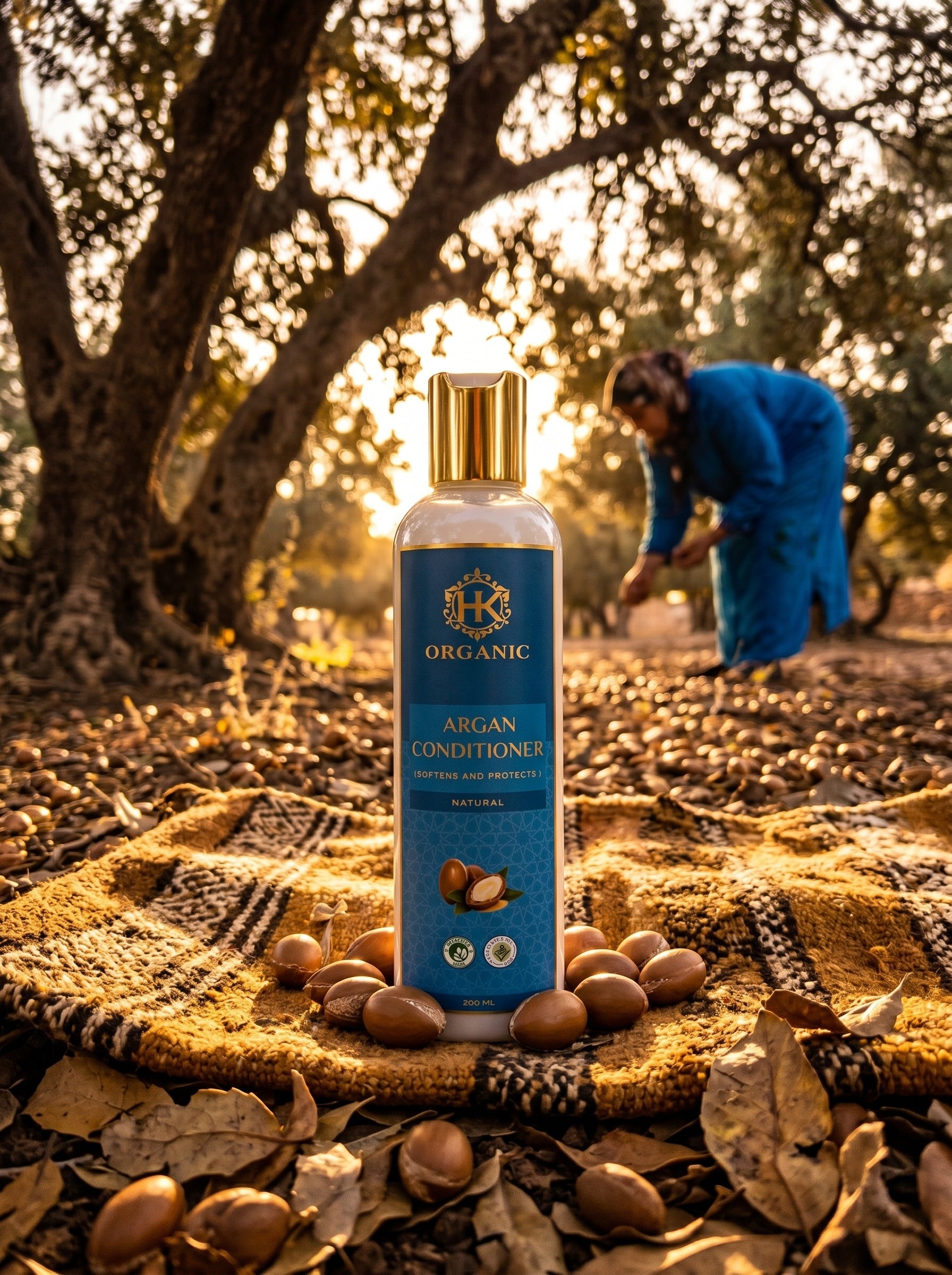 Bottle of Organic Argan Conditioner with argan nuts on a blanket outdoors